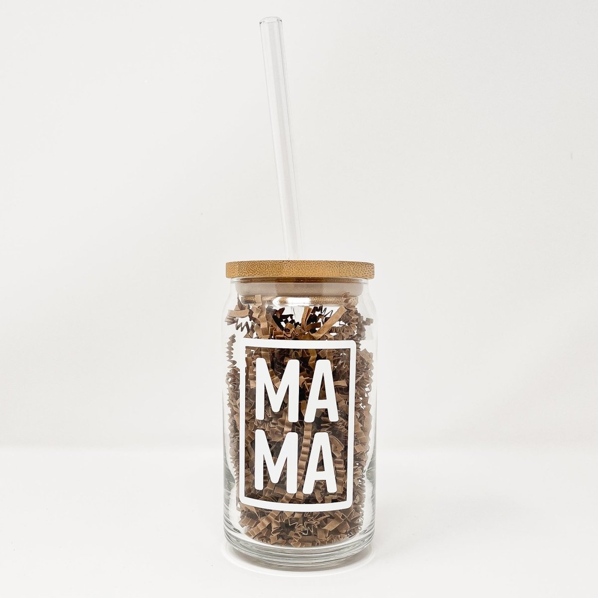 16 oz Beer Can Glass Mama showcasing a sleek design with a unique vinyl pattern, perfect for serving cold drinks.