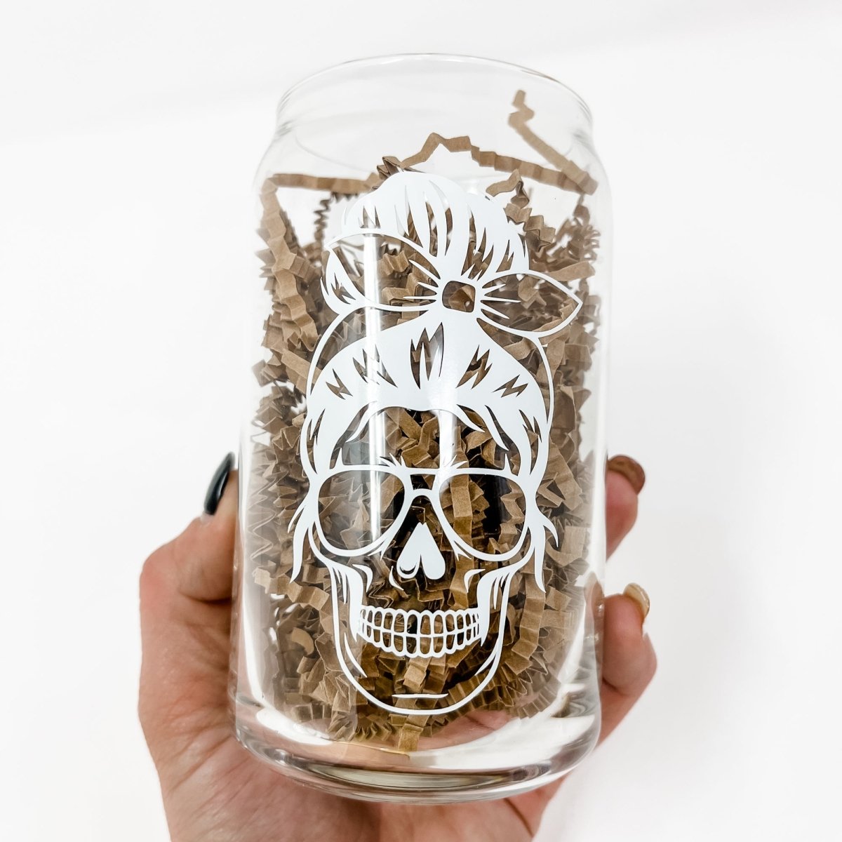 16 oz Beer Can Glass featuring a unique Mom Life Skull design, perfect for serving cold drinks.