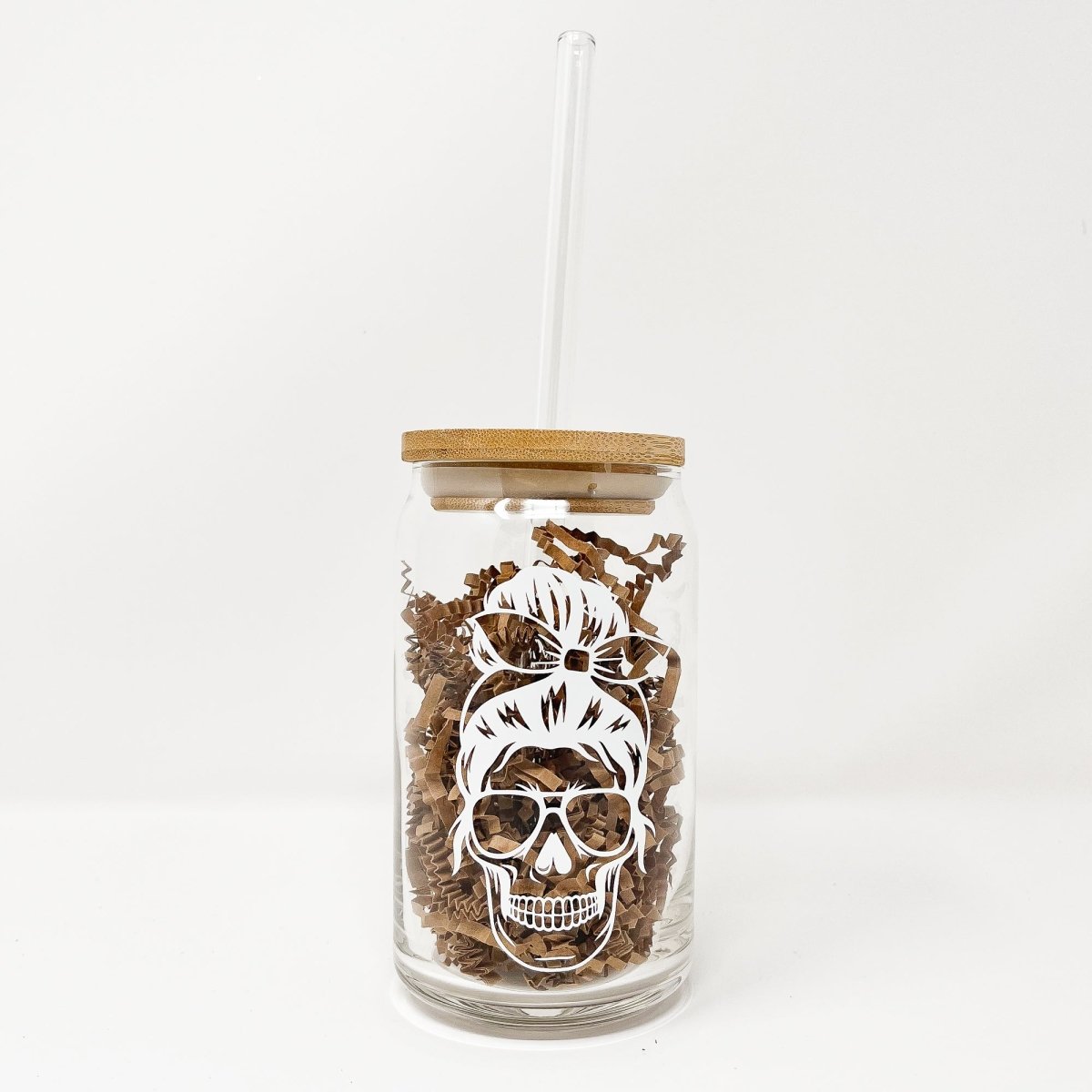 16 oz Beer Can Glass featuring a unique Mom Life Skull design, perfect for serving cold drinks.