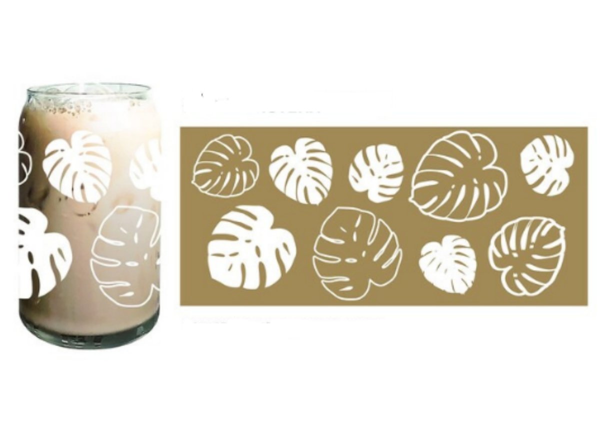 16 oz Beer Can Glass featuring Monstera Leaves design, showcasing a clear glass with a stylish vinyl print.