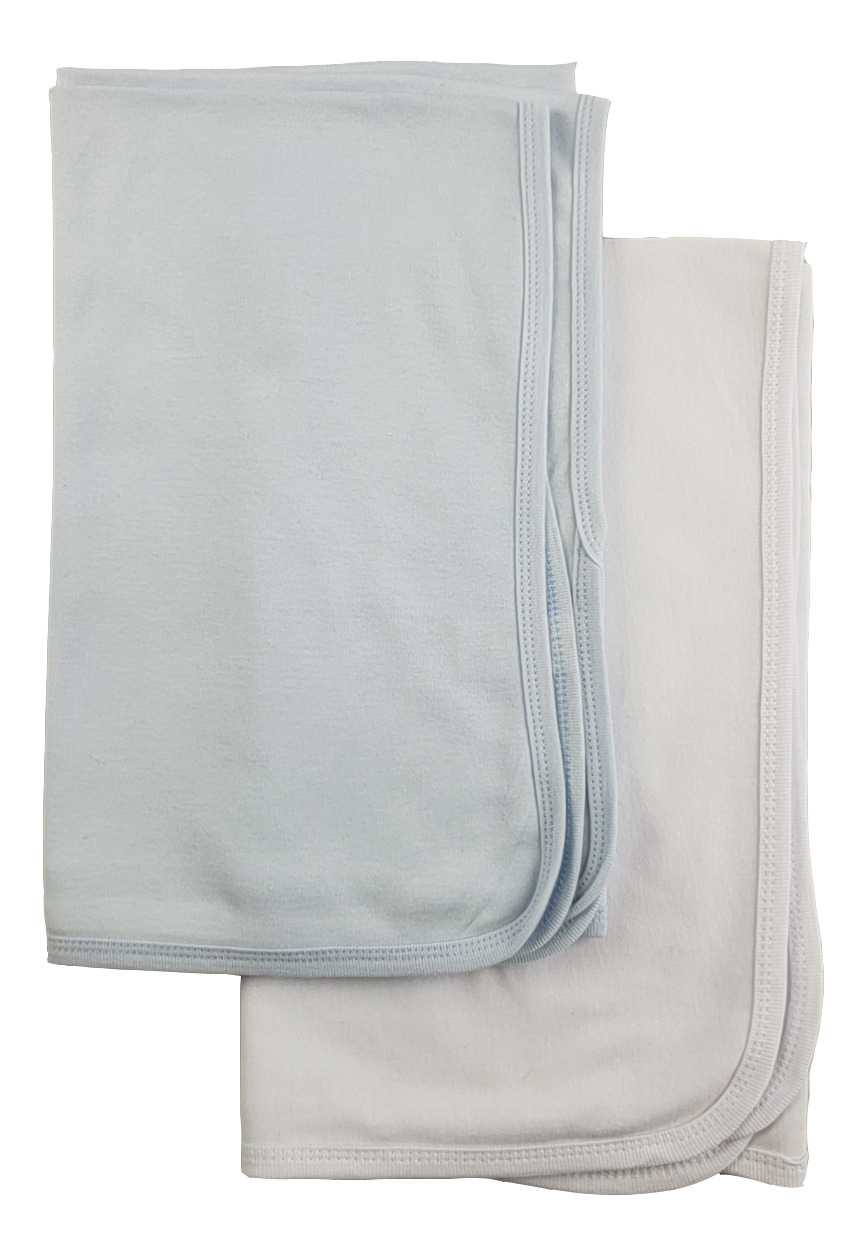 Two soft 100% cotton Bambini receiving blankets in a cozy setting, showcasing their gentle texture and finished edges.