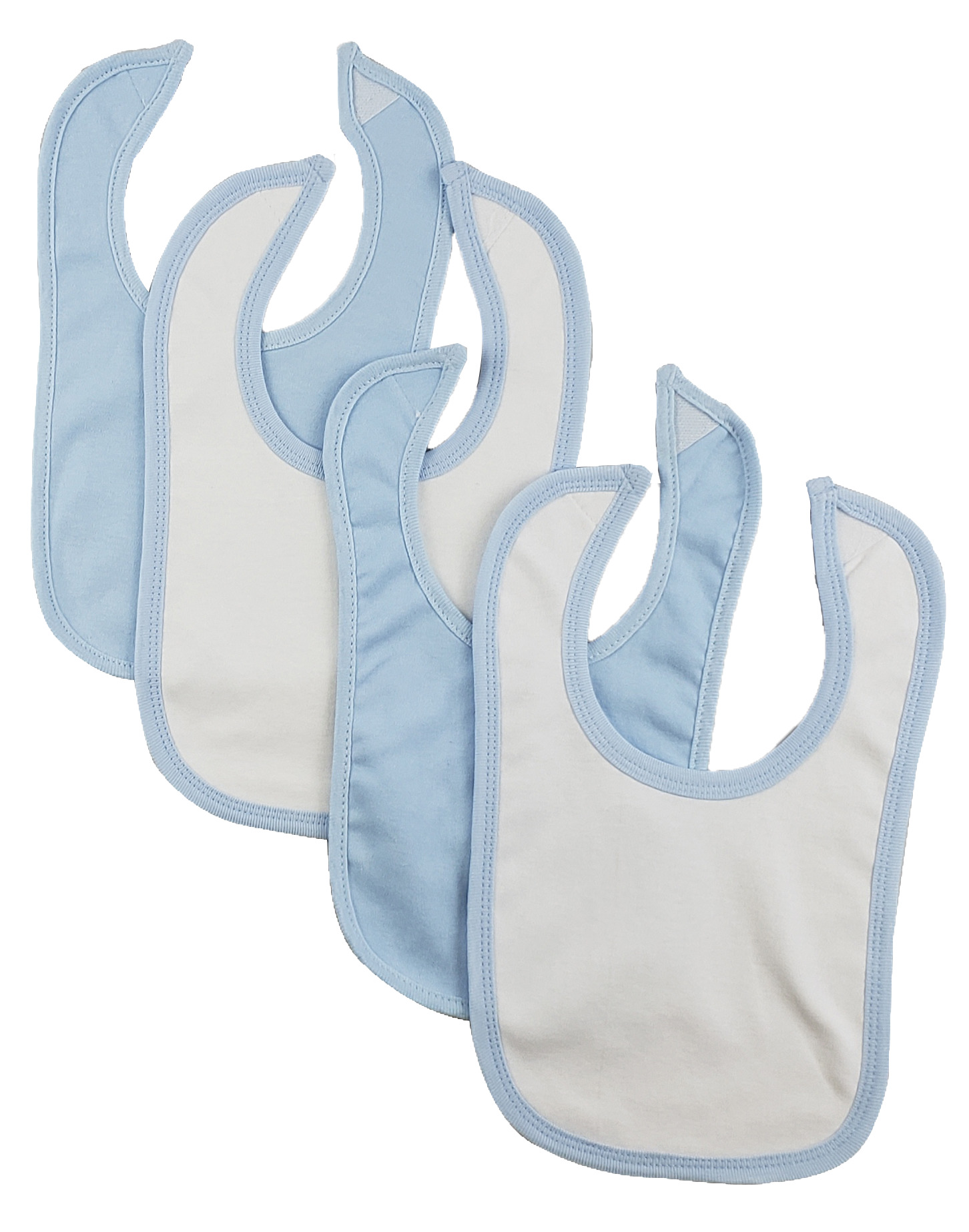 Set of 4 colorful Bambini infant bibs with hook and loop fasteners, designed for easy cleaning and mess-free feeding.