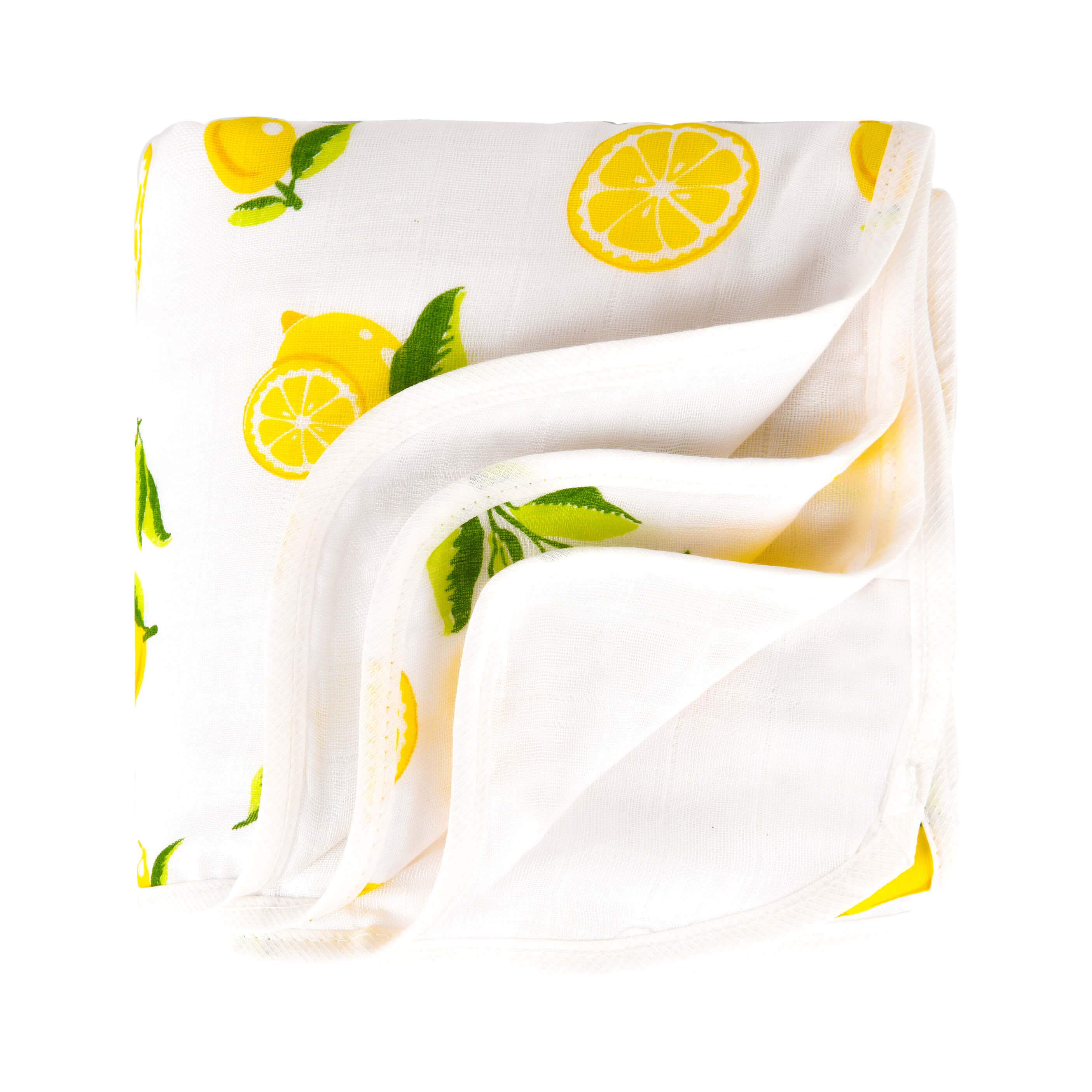 4 Layer Muslin Quilt with Lemon Print, showcasing its soft texture and vibrant design, perfect for babies and toddlers.