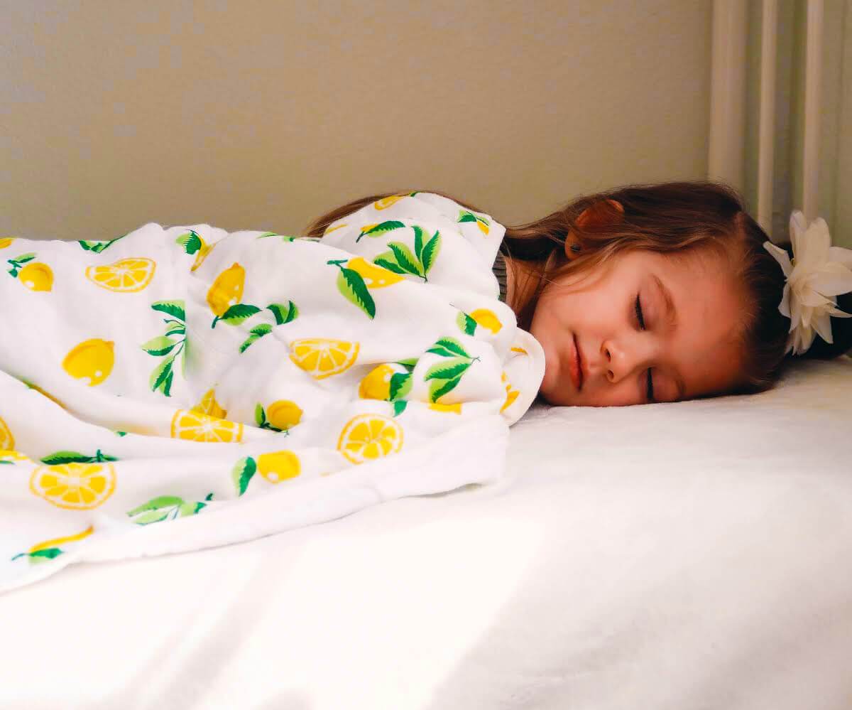 4 Layer Muslin Quilt with Lemon Print, showcasing its soft texture and vibrant design, perfect for babies and toddlers.