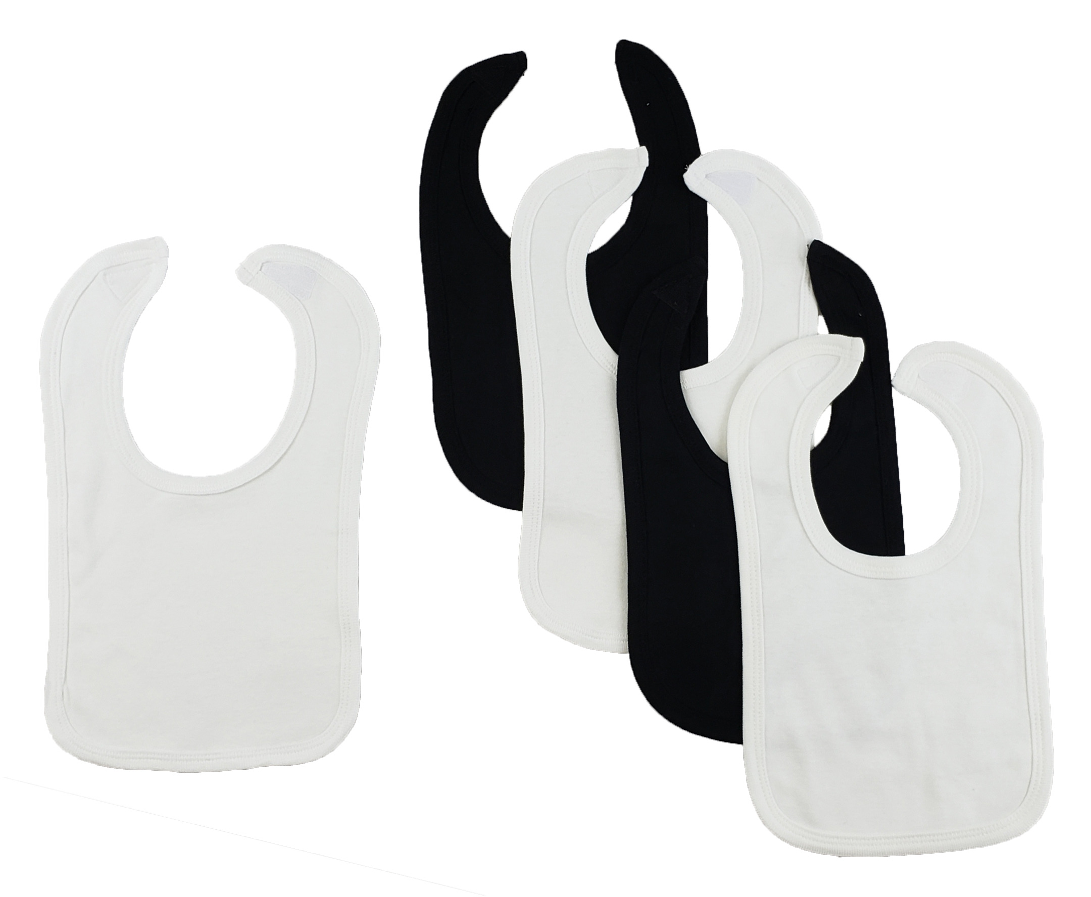 Set of 5 colorful Bambini infant bibs with hook and loop fasteners, designed for easy cleaning and comfort during mealtime.