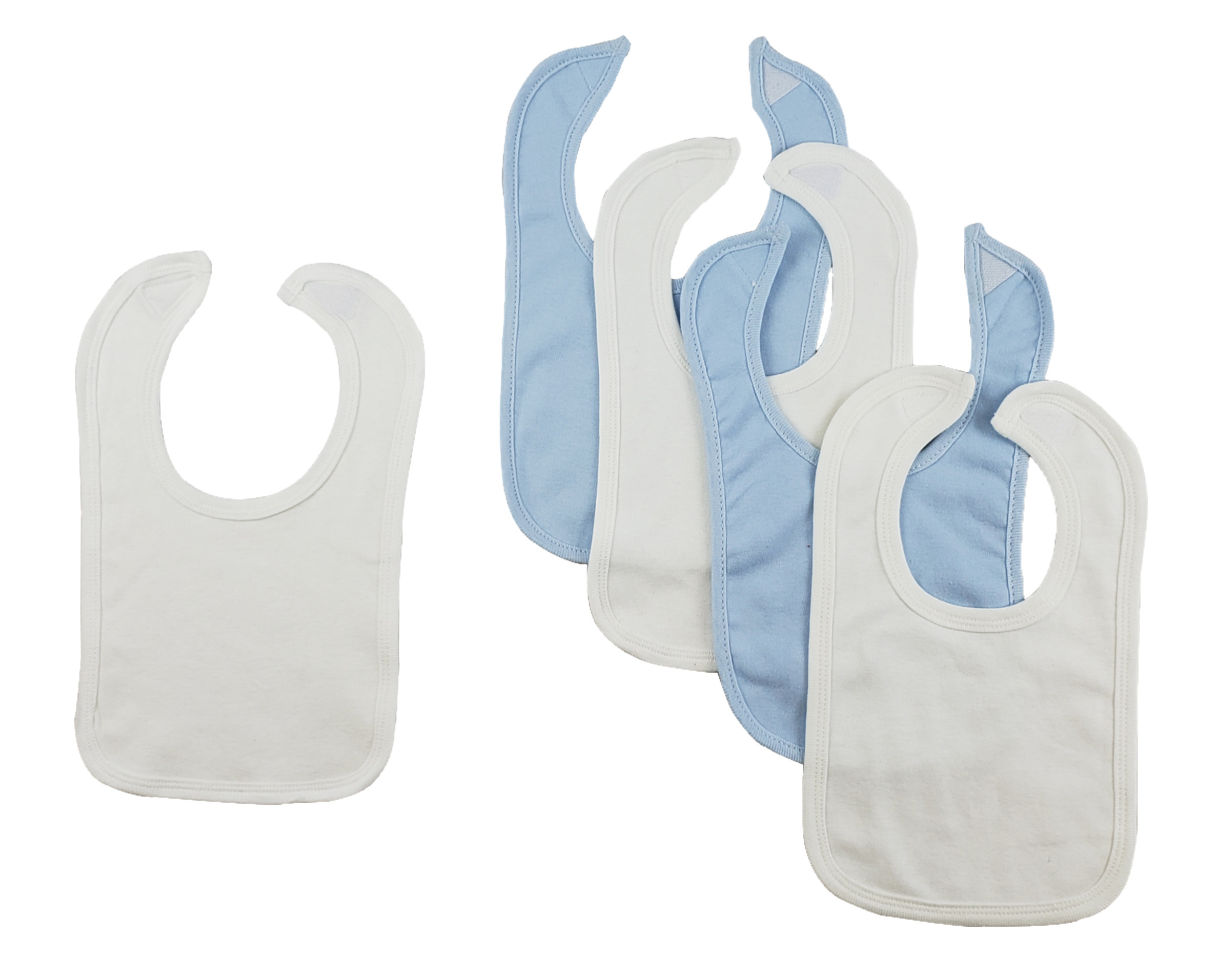 Set of 5 colorful Bambini infant bibs with hook and loop fasteners, designed for easy feeding and cleanup.