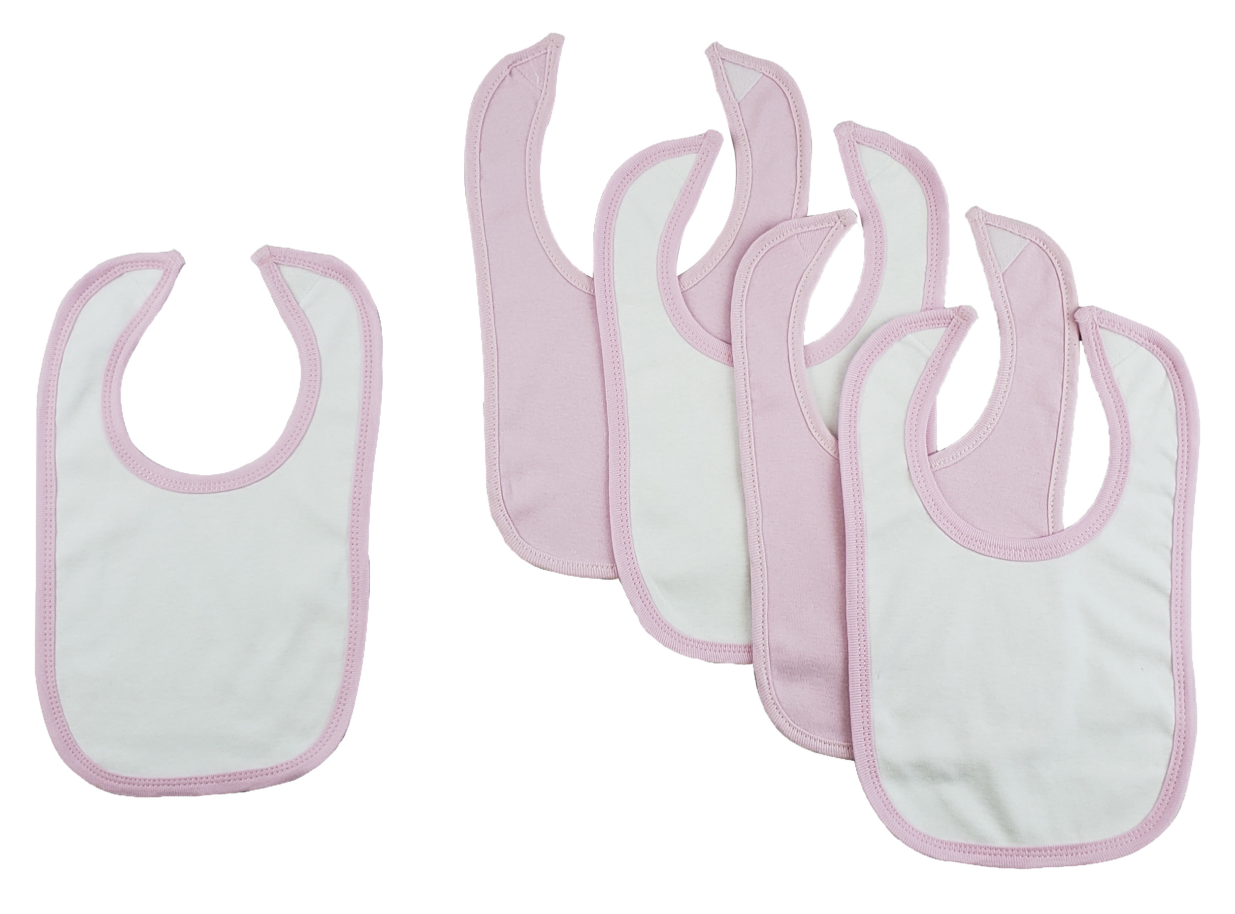 Five colorful Bambini infant bibs with hook and loop fasteners, designed for easy cleaning and comfort during feeding.