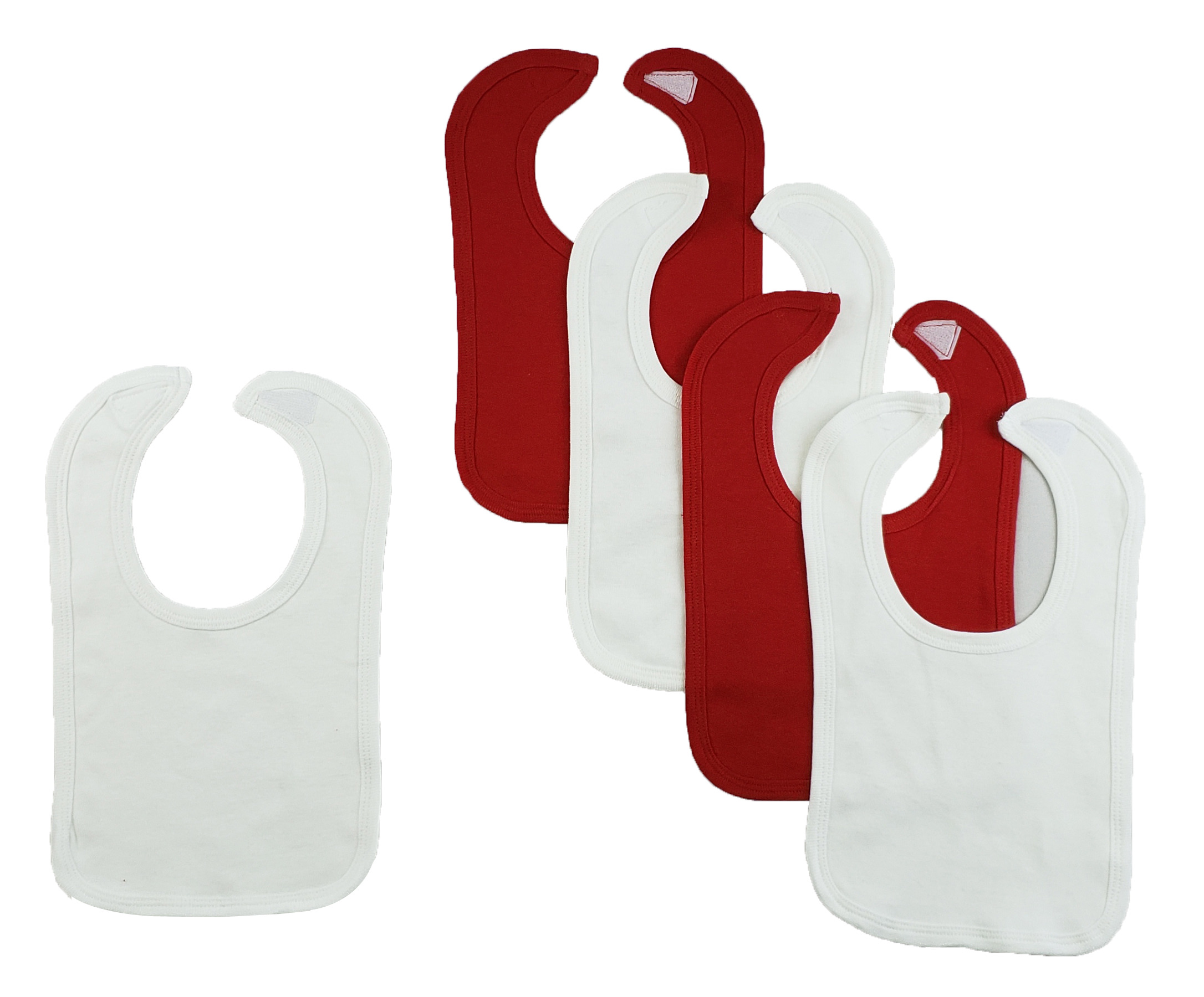 Five colorful Bambini infant bibs with hook and loop fasteners, designed for easy cleaning and comfort during mealtime.