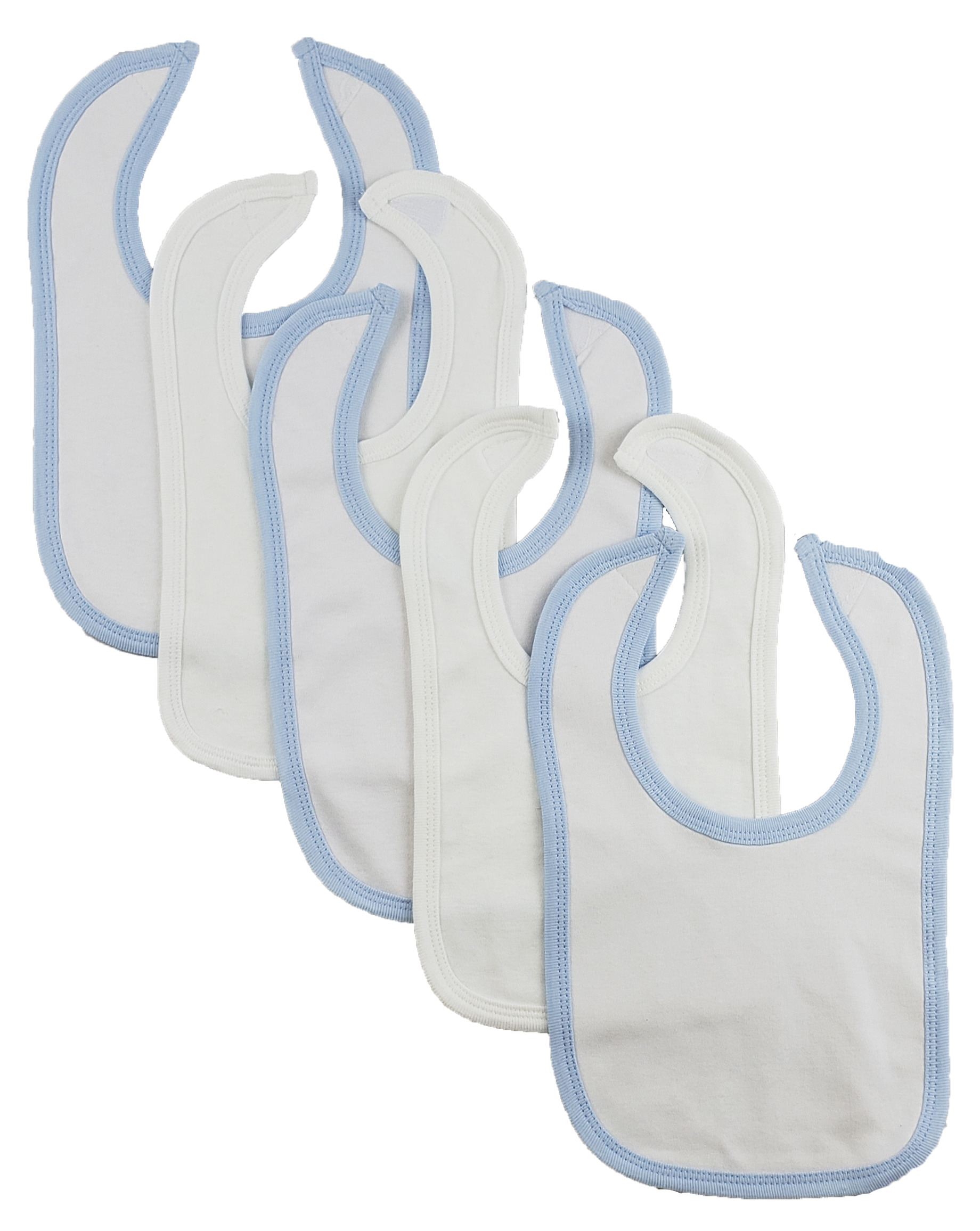 Set of 5 colorful baby bibs with hook and loop fasteners, designed for infants during mealtime.