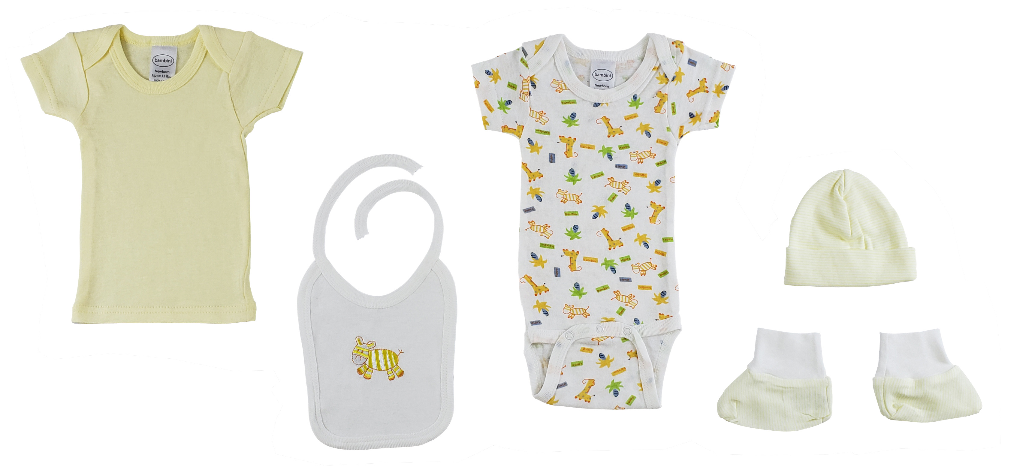 5-Piece Pastel Interlock Hanging Gift Set featuring T-shirt, bodysuit, bib, cap, and booties in yellow and zebra giraffe design.