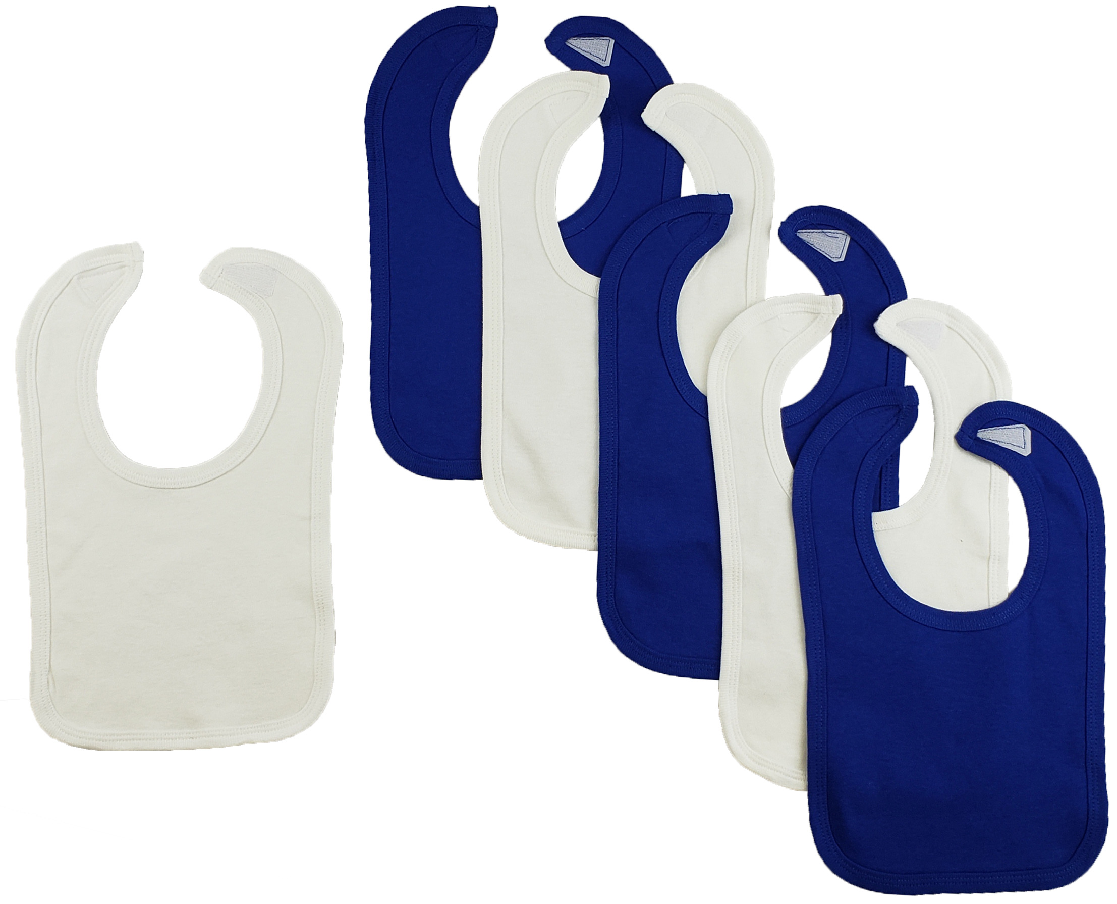 Set of 6 colorful baby bibs with hook and loop fasteners, designed for infants during mealtime.