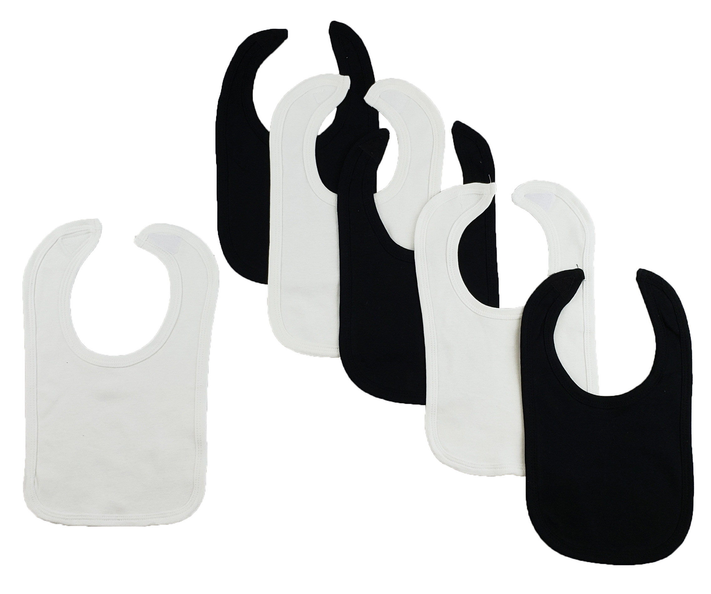 Set of 6 colorful baby bibs with hook and loop fasteners, designed for easy feeding and cleanup.