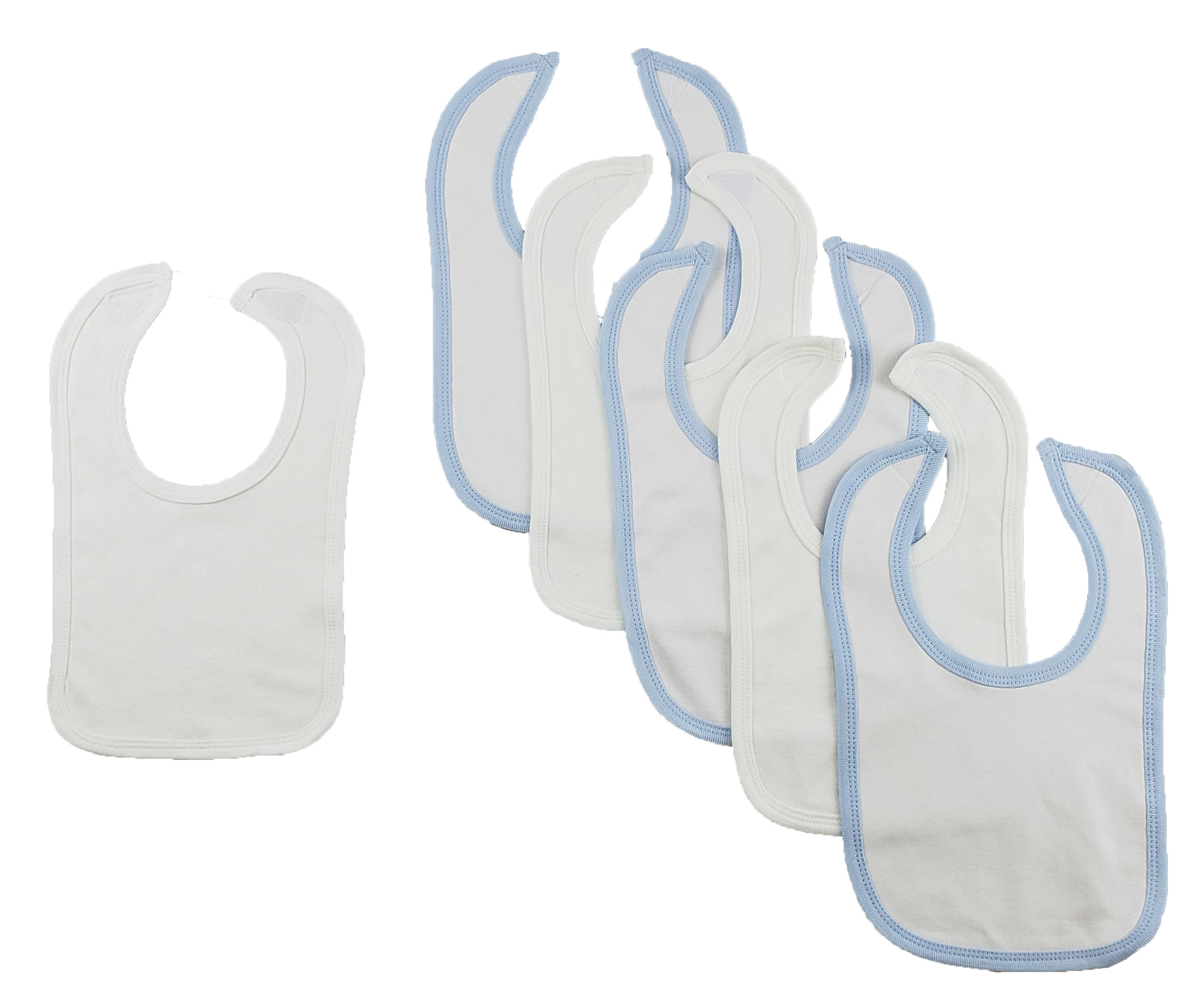 Set of 6 colorful baby bibs with hook and loop fasteners, designed for infants during mealtime.