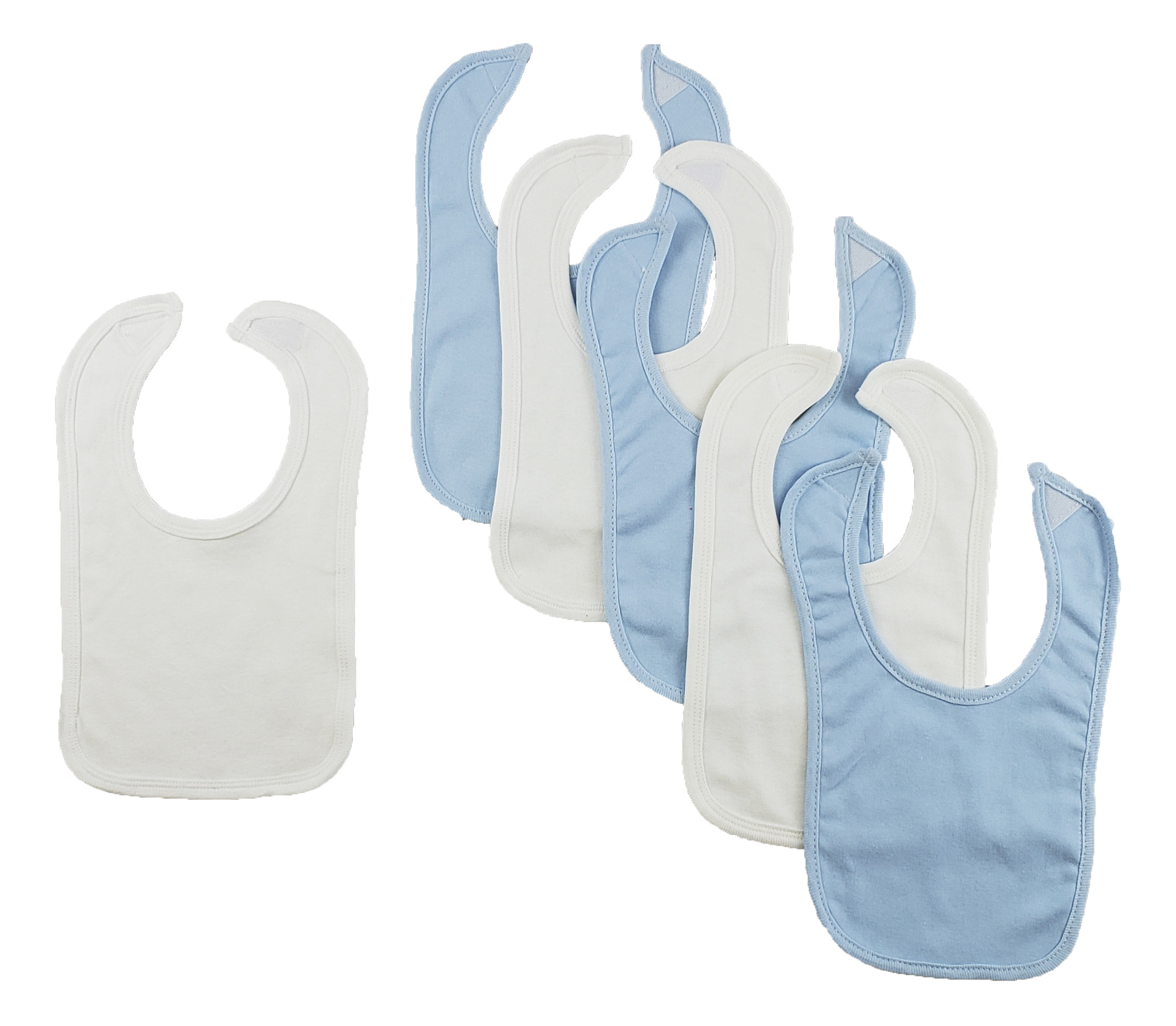 Set of 6 colorful baby bibs with hook and loop fasteners, designed for easy cleaning and comfort during feeding.