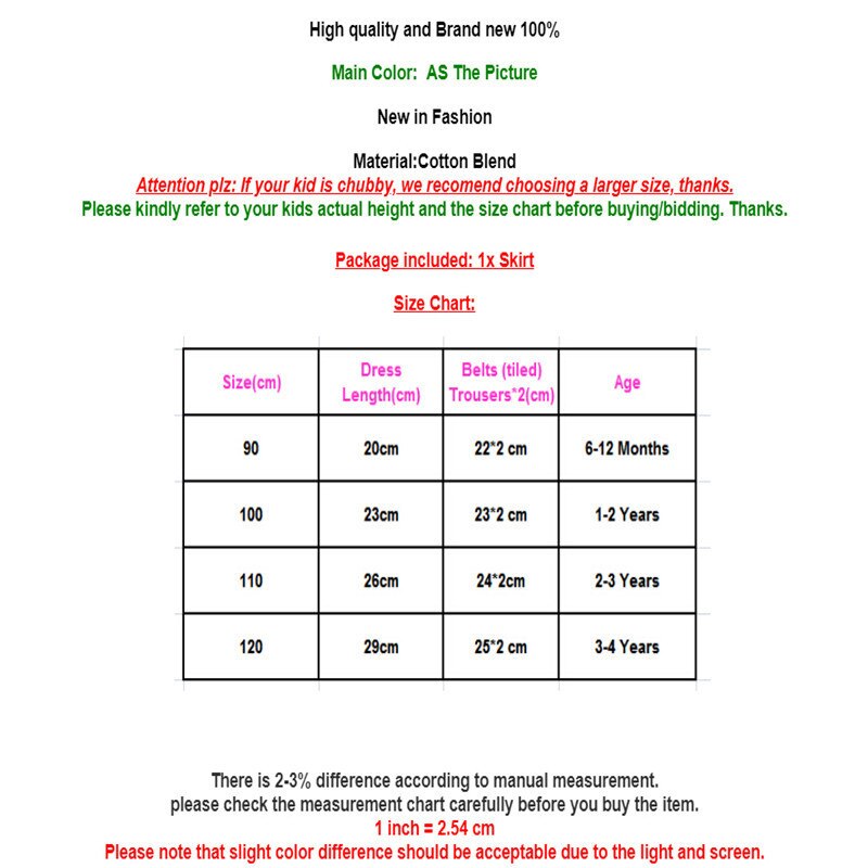 Clothing size chart for children.