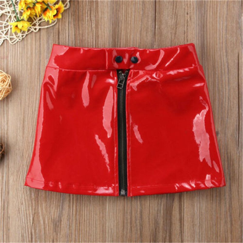 Red vinyl mini skirt.