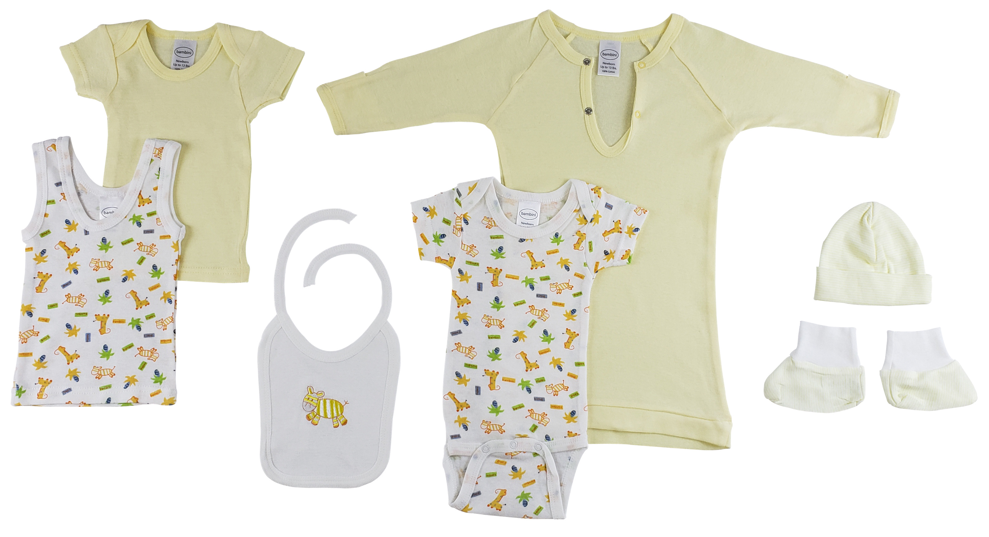 7-Piece Pastel Interlock Hanging Gift Set featuring T-Shirt, Bodysuit, Tank Top, Gown, Bib, Cap, and Booties in soft yellow cotton.