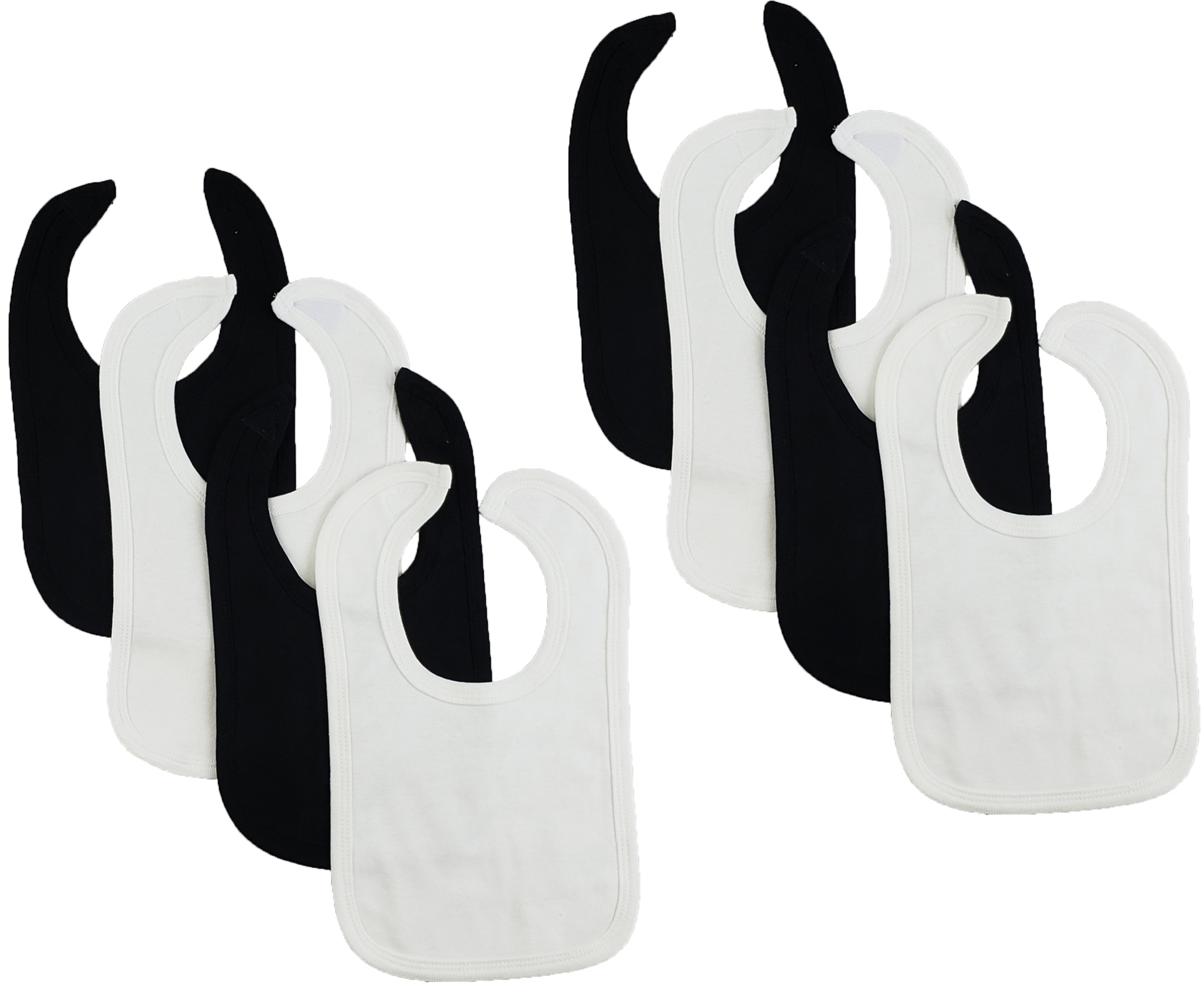 Set of 8 colorful Bambini infant bibs with hook and loop fasteners, designed for easy cleaning and comfort during feeding.