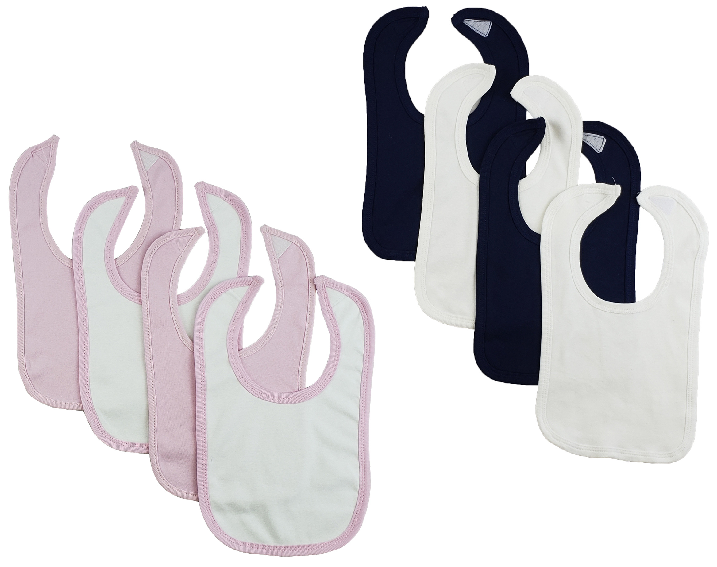 Set of 8 colorful Bambini infant bibs with hook and loop fasteners, designed for easy cleaning and comfort during mealtime.