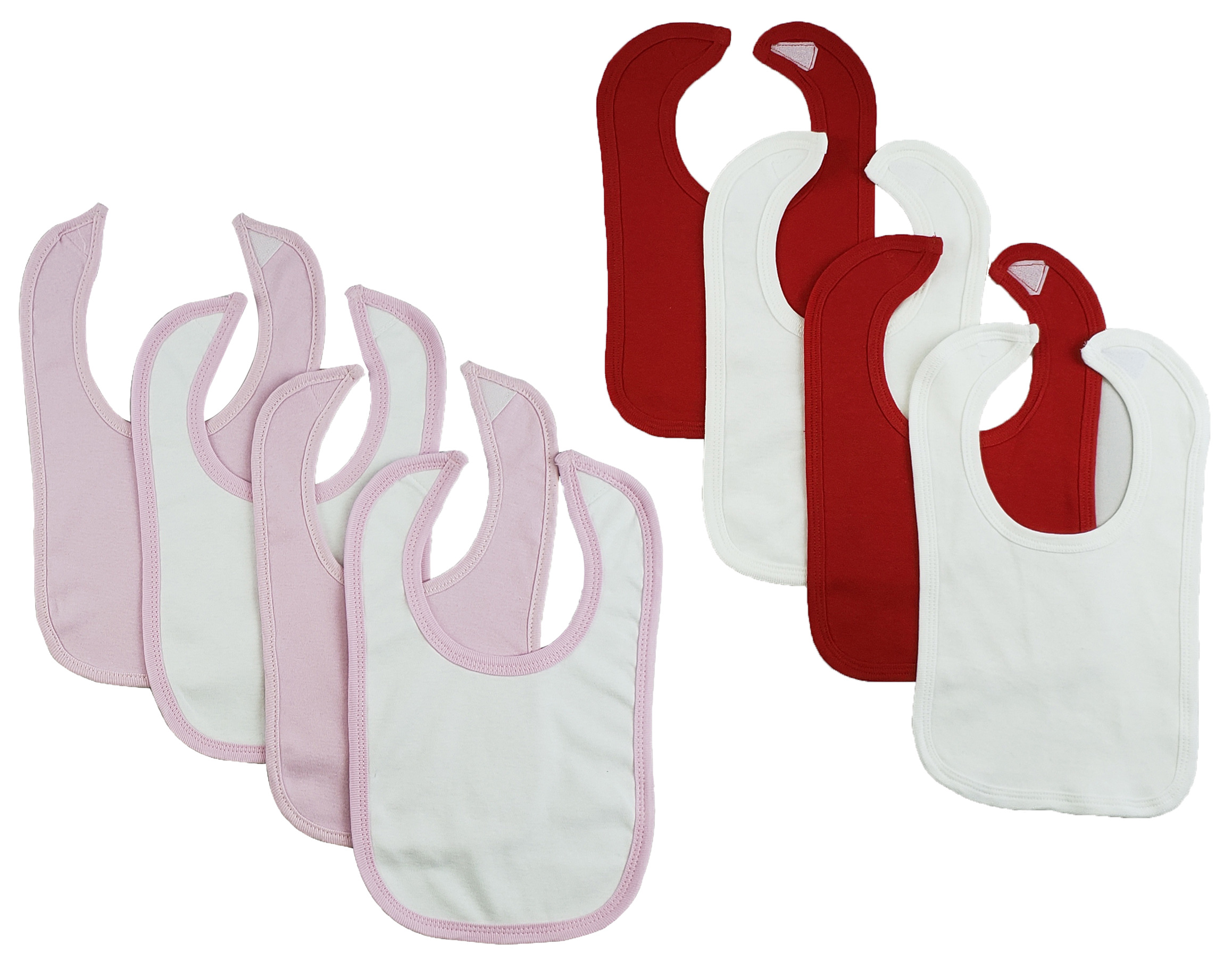 Set of 8 colorful baby bibs with hook and loop fasteners, designed for infants and toddlers during mealtime.