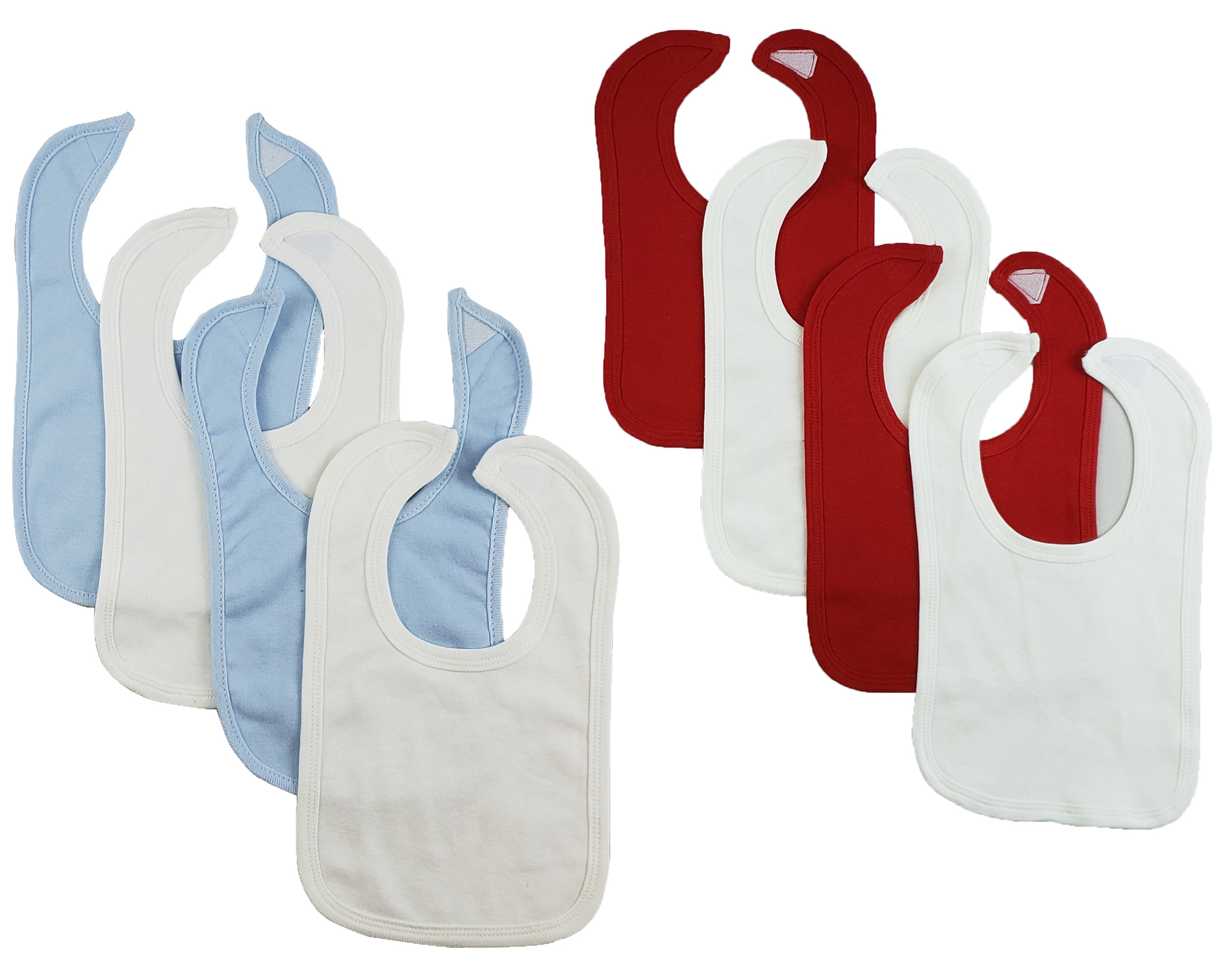 Set of 8 colorful Bambini infant bibs with hook and loop fasteners, designed for easy feeding and cleanup.