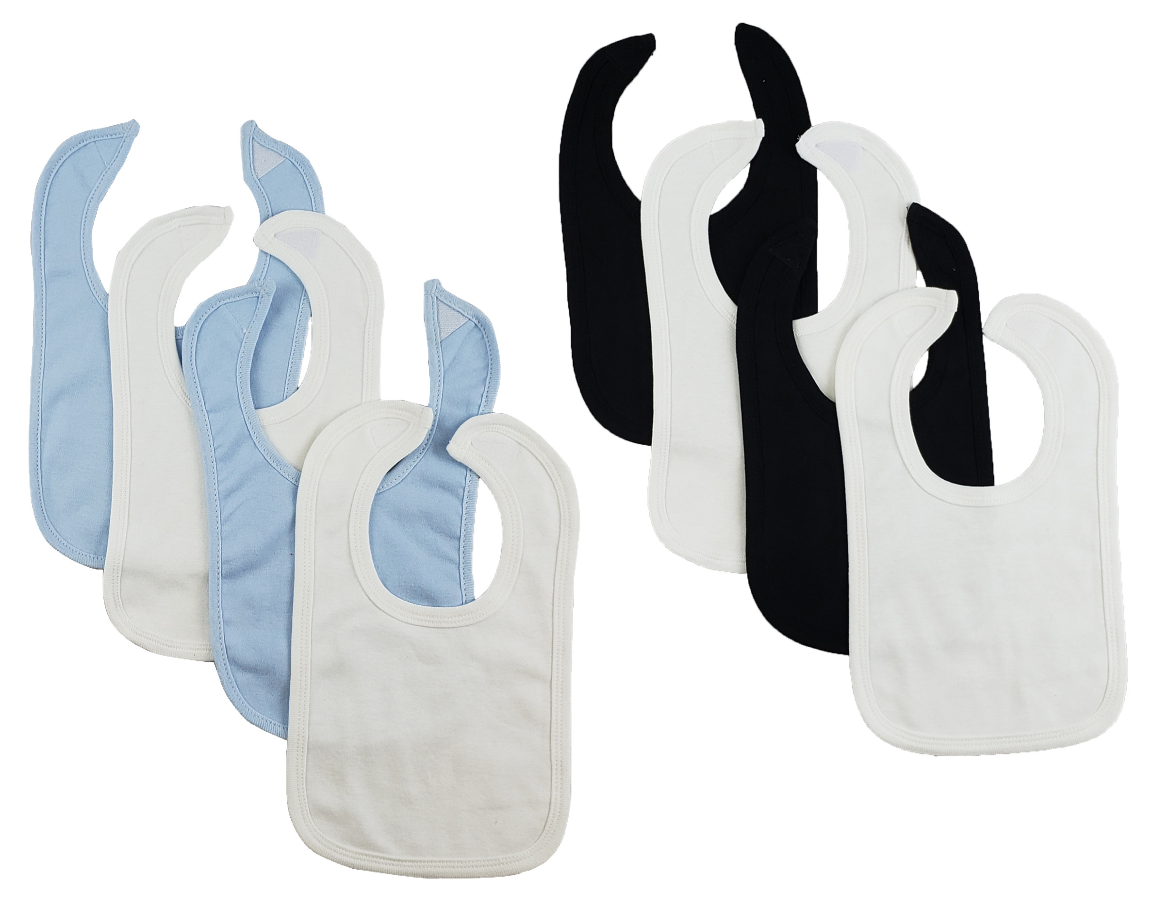 Set of 8 colorful baby bibs with hook and loop fasteners, designed for infants during mealtime.