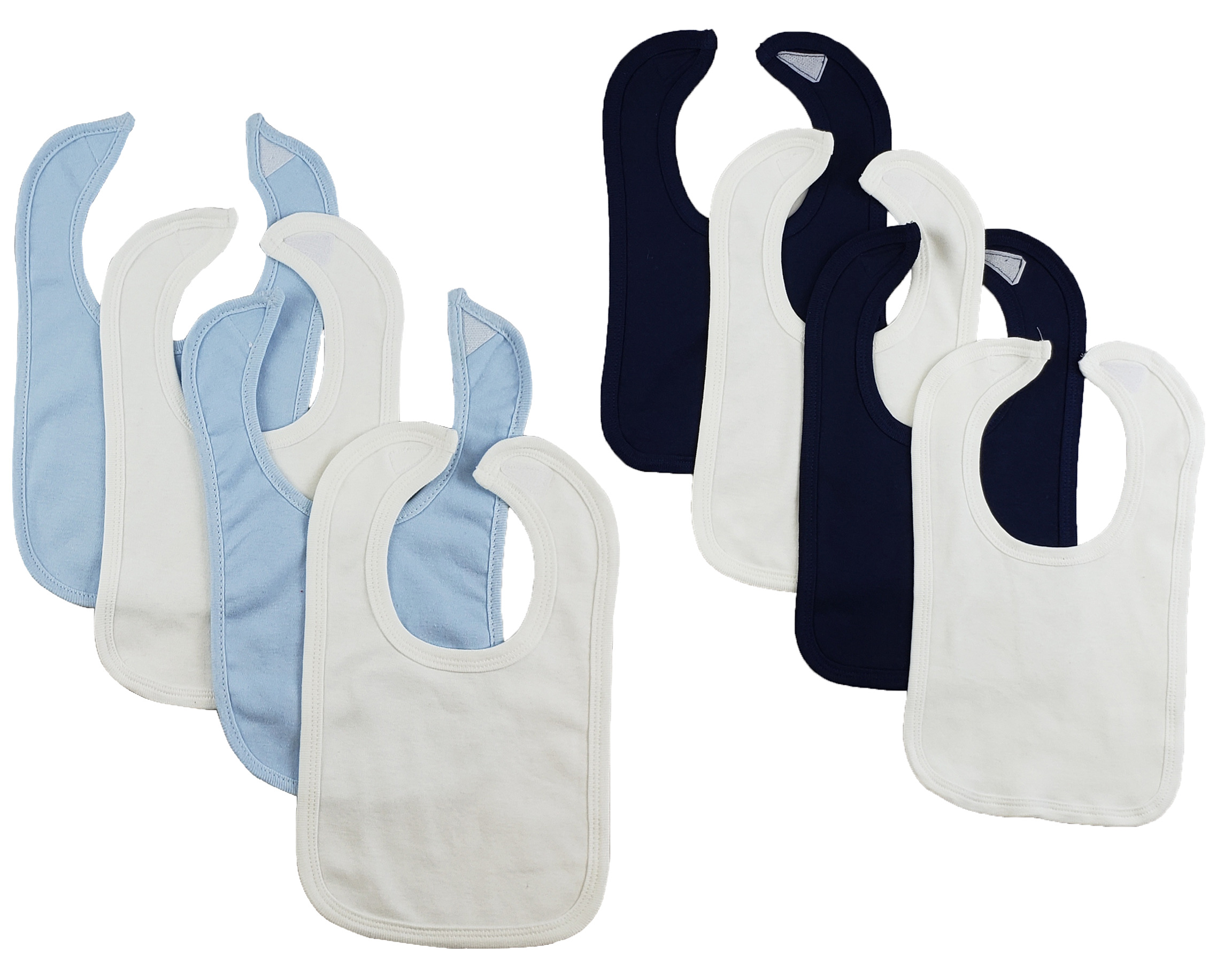 Set of 8 colorful baby bibs with hook and loop fasteners, designed for infants and toddlers.