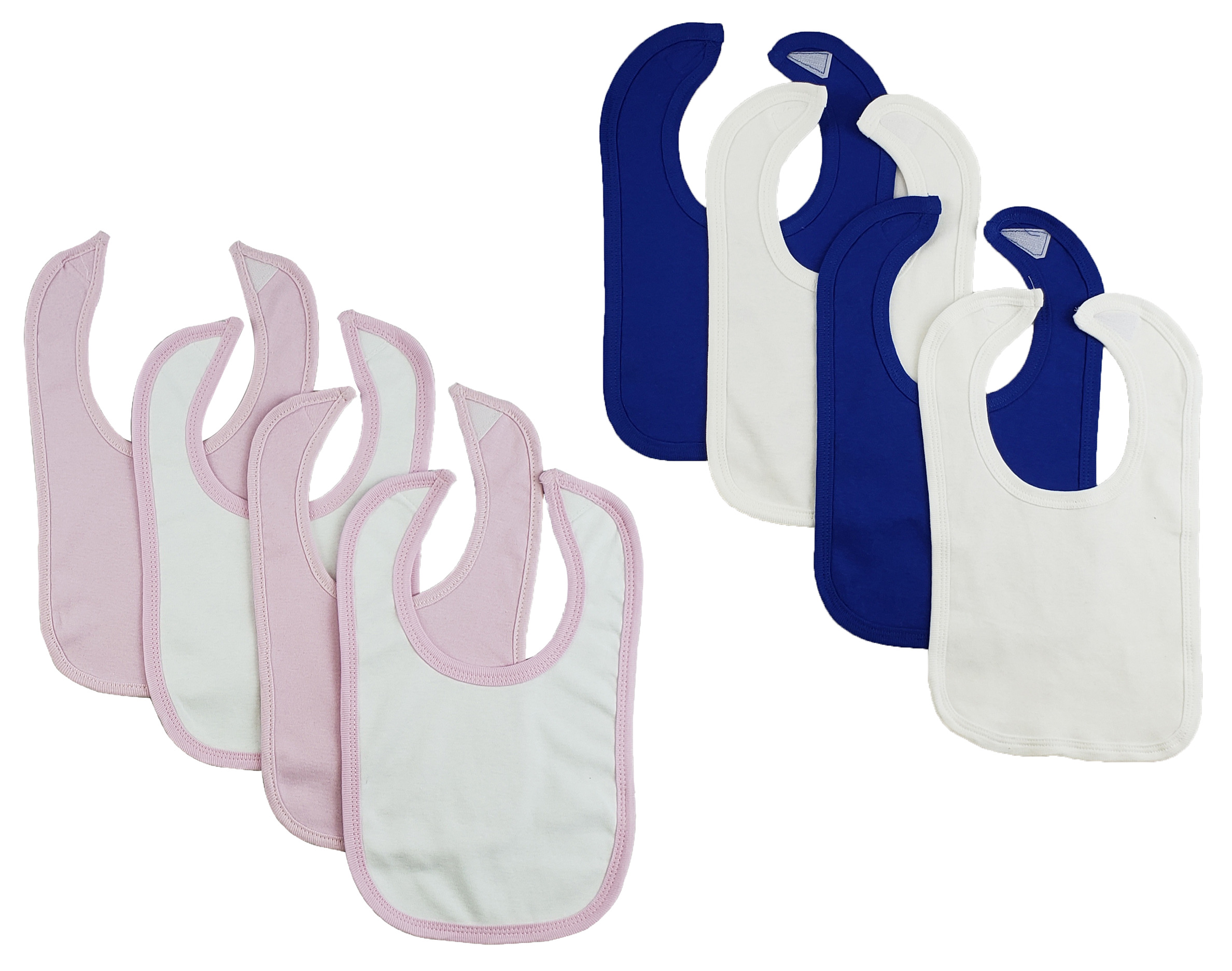 Set of 8 colorful Bambini infant bibs with hook and loop fasteners, designed for easy feeding and comfort.