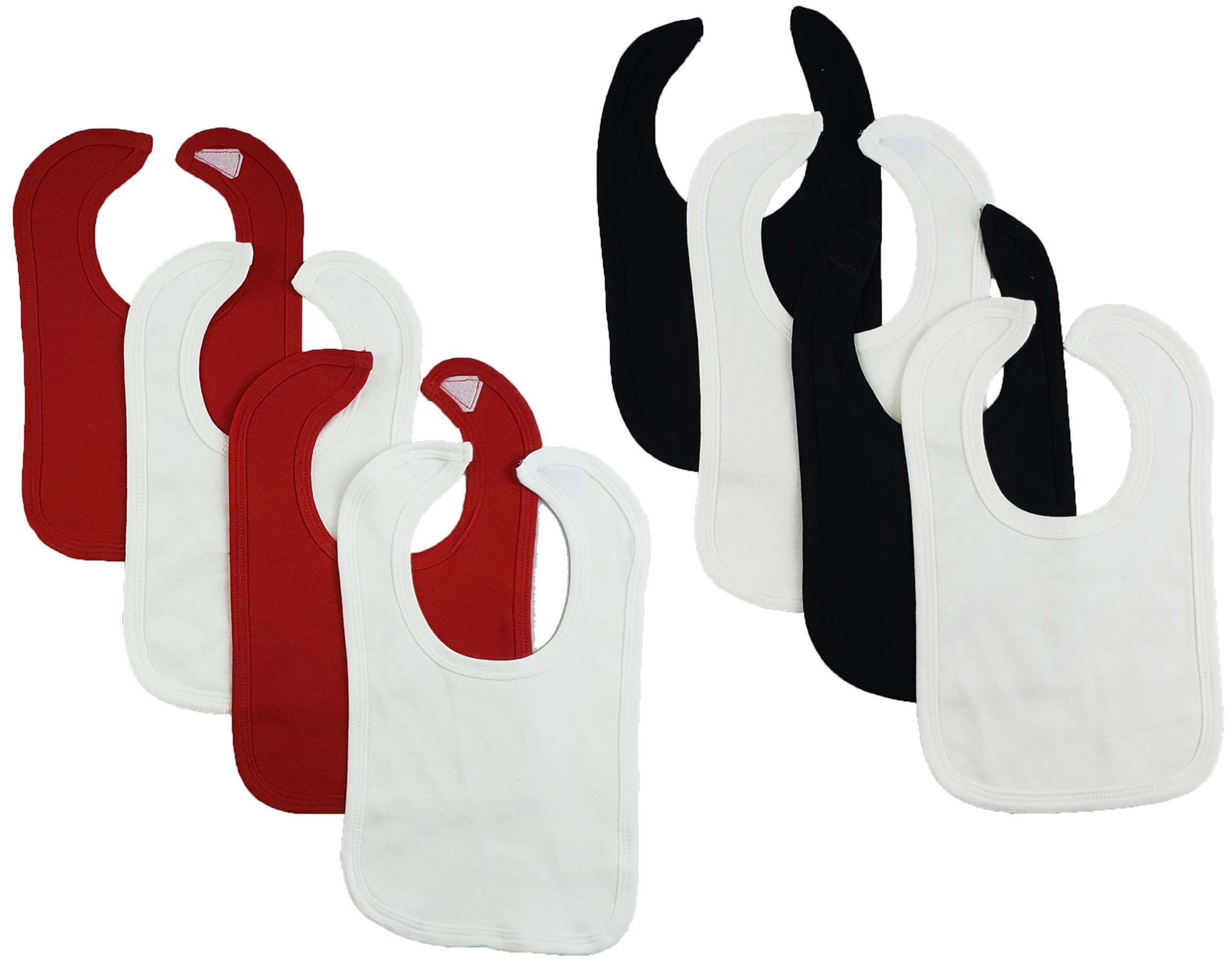 Set of 8 colorful baby bibs with hook and loop fasteners, designed for infants to keep clothes clean during feeding.