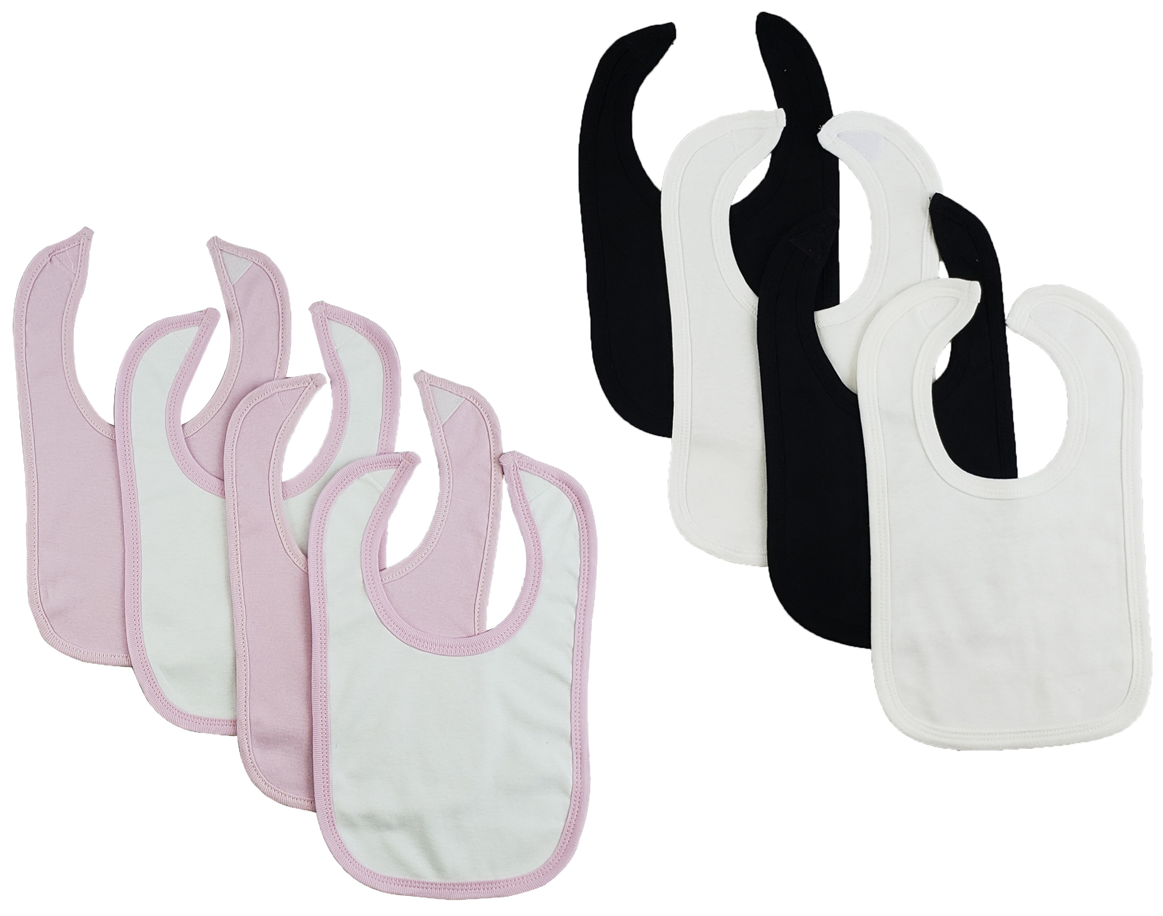 Set of 8 colorful Bambini infant bibs with hook and loop fasteners, designed for easy feeding and cleanup.