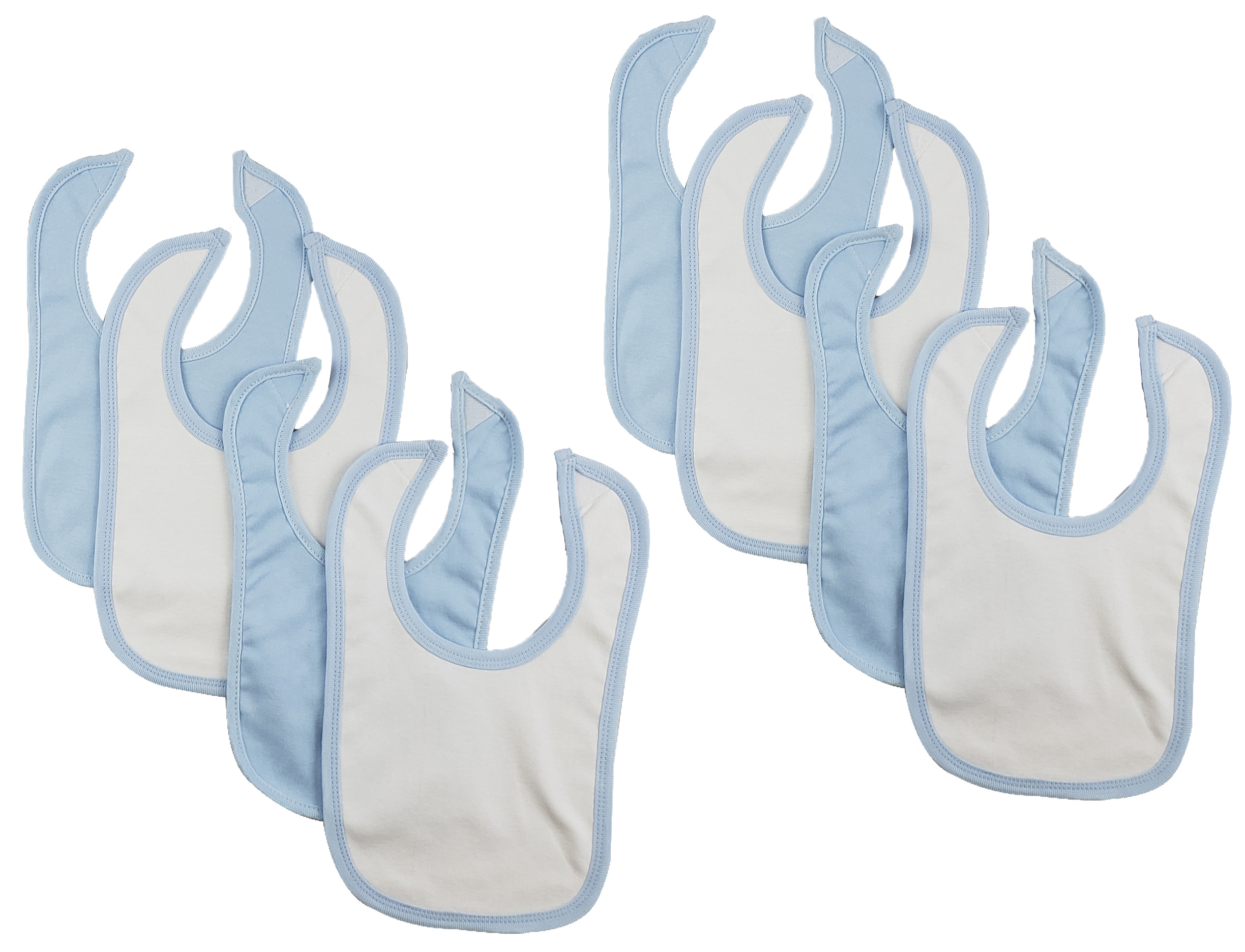 Set of 8 colorful Bambini infant bibs with hook and loop fasteners, designed for easy feeding and comfort.