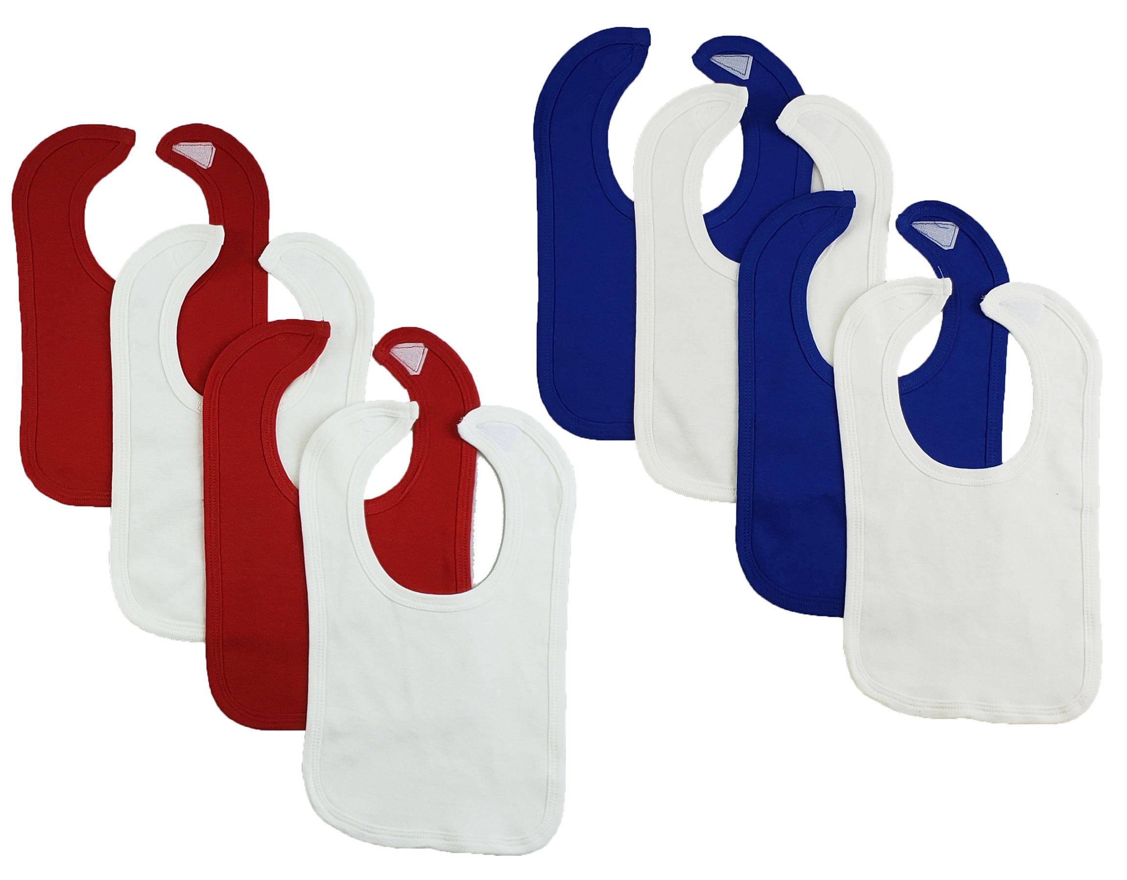 Set of 8 colorful baby bibs with hook and loop fasteners, designed for infants to keep them clean during feeding.