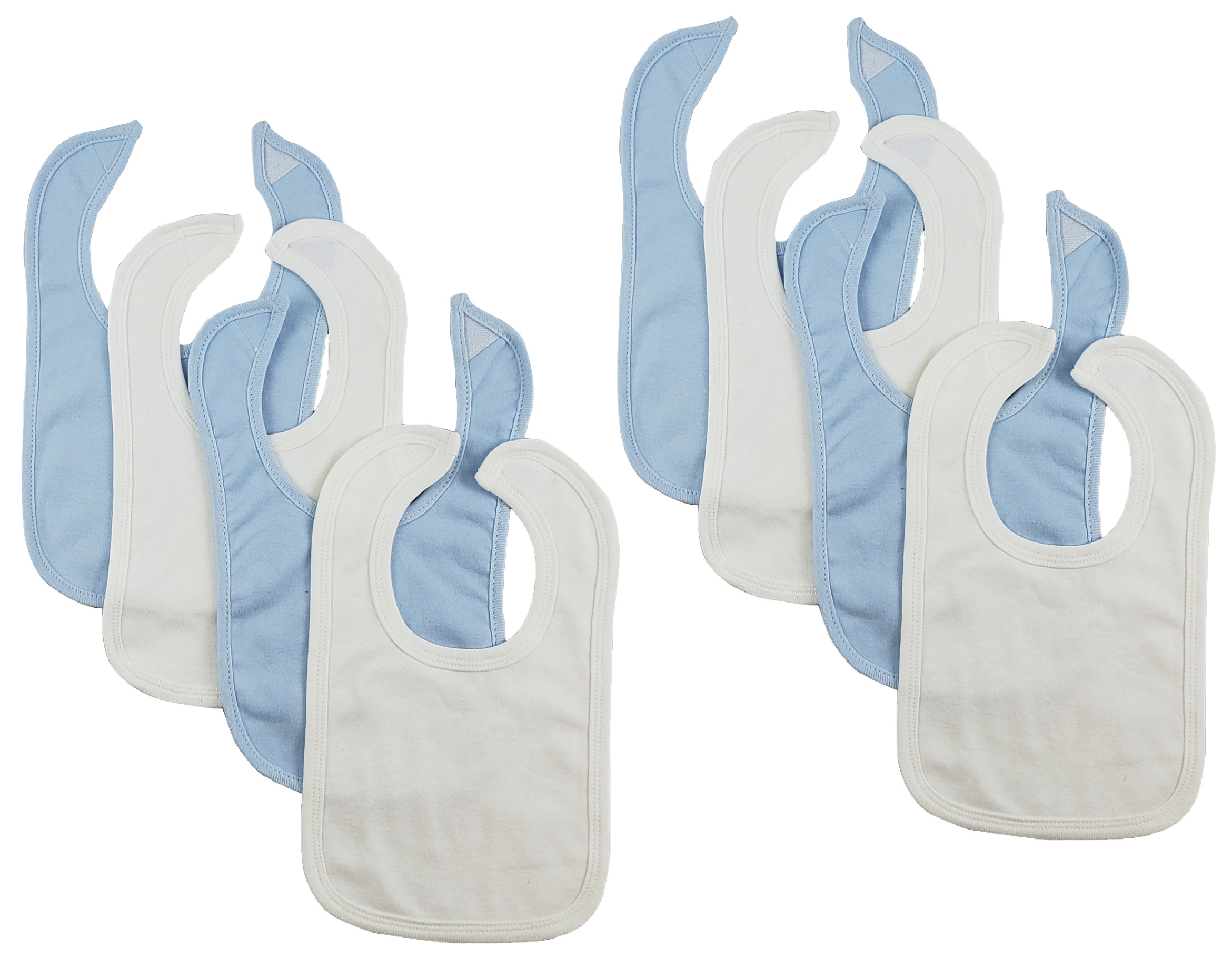 Set of 8 colorful baby bibs with hook and loop fasteners, designed for infants during mealtime.