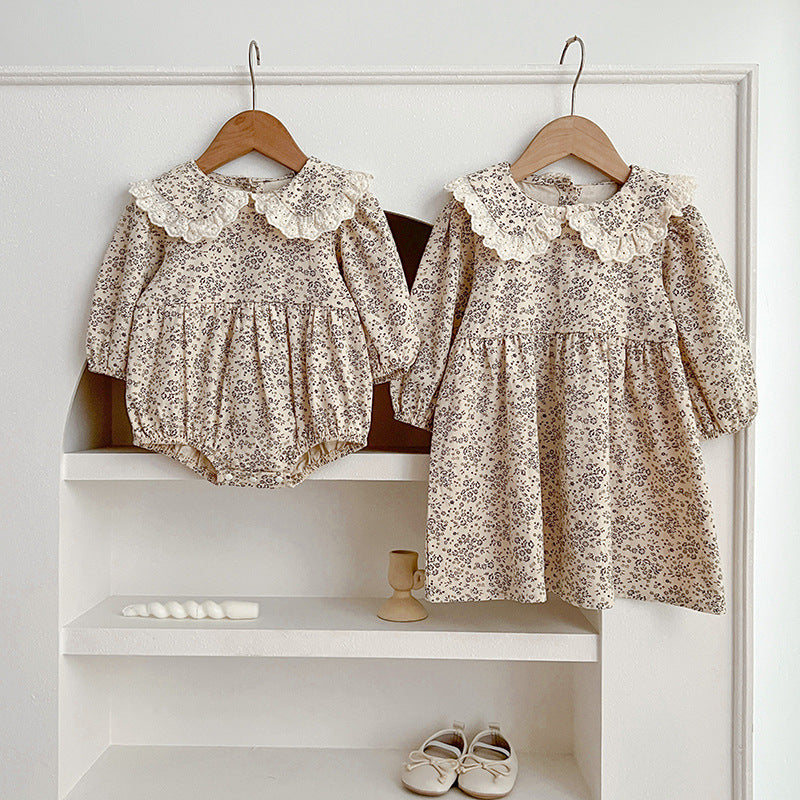 Adorable Baby Lace Collar Romper and Floral Print Girls’ Dress in white and red, featuring a lace collar and floral pattern, perfect for young girls.