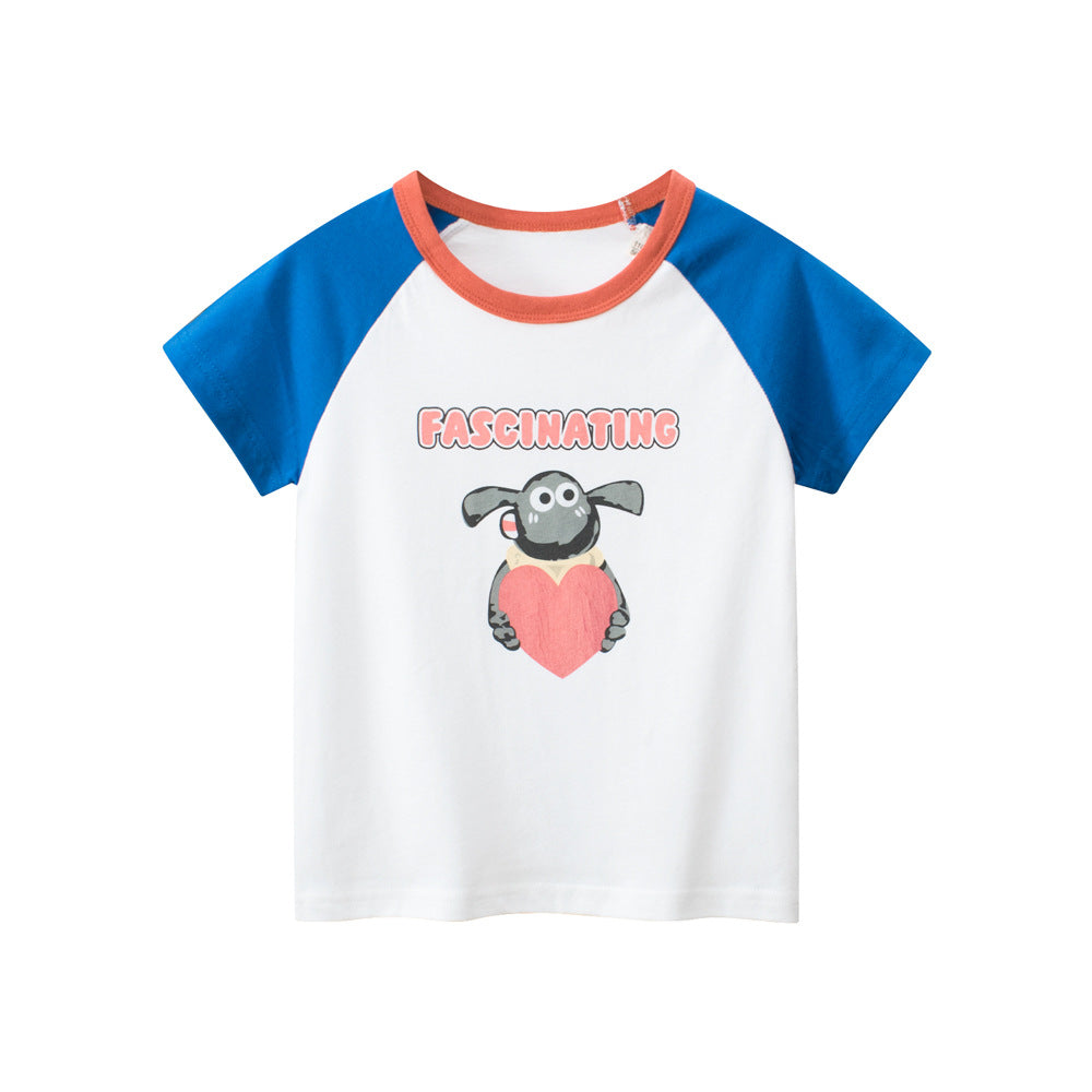 Adorable Cartoon Print Girls’ Patchwork T-Shirt in vibrant colors, featuring playful cartoon designs suitable for summer wear.