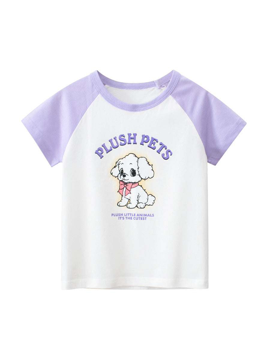 Adorable Cartoon Print Girls’ Patchwork T-Shirt in vibrant colors, featuring playful cartoon designs suitable for summer wear.