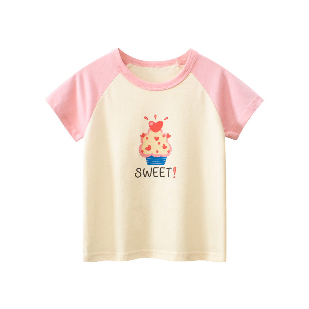 Adorable Cartoon Print Girls’ Patchwork T-Shirt in vibrant colors, featuring playful cartoon designs suitable for summer wear.