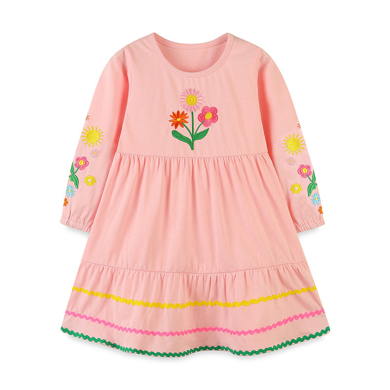 Adorable floral embroidered dress in pink for girls, featuring a round neck and elegant floral patterns.