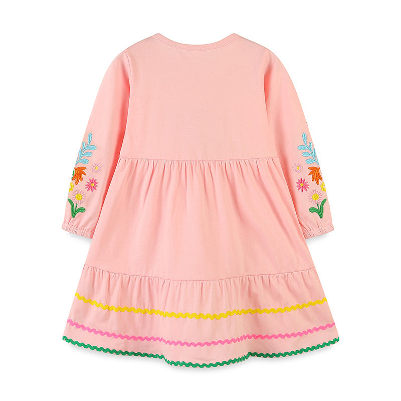 Adorable floral embroidered dress in pink for girls, featuring a round neck and elegant floral patterns.