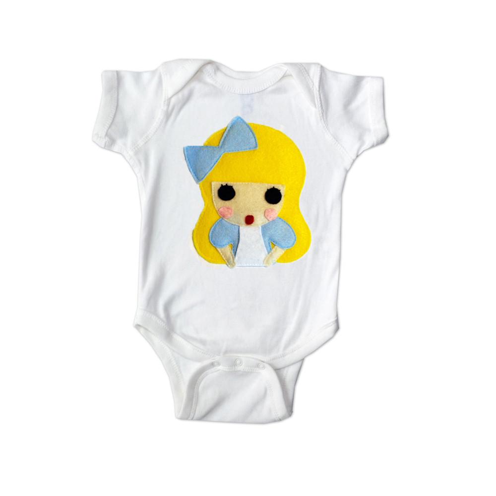 Handmade infant bodysuit featuring Alice from Wonderland with colorful felt appliqués, perfect for babies.