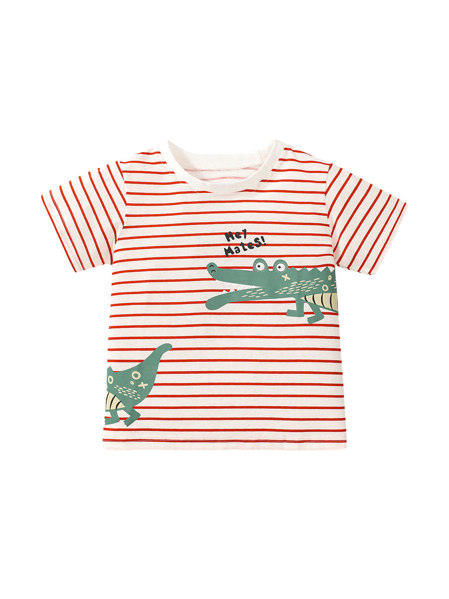 A vibrant red unisex kids striped t-shirt featuring a playful alligator cartoon print, perfect for summer wear.