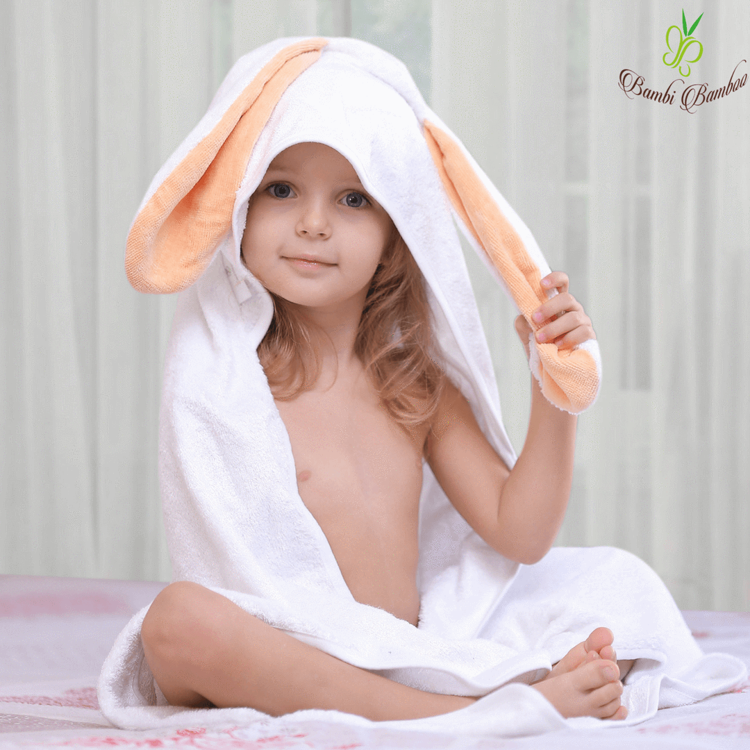 Amber Bunny Hooded Towel with bunny ears and two matching washcloths, made from soft organic bamboo fabric.