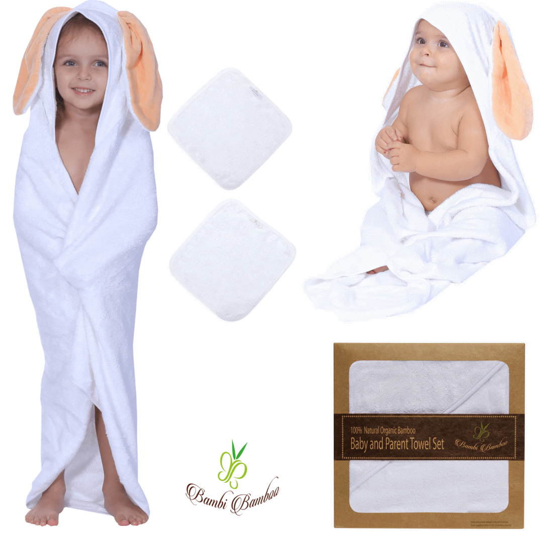 Amber Bunny Hooded Towel with bunny ears and two matching washcloths, made from soft organic bamboo fabric.