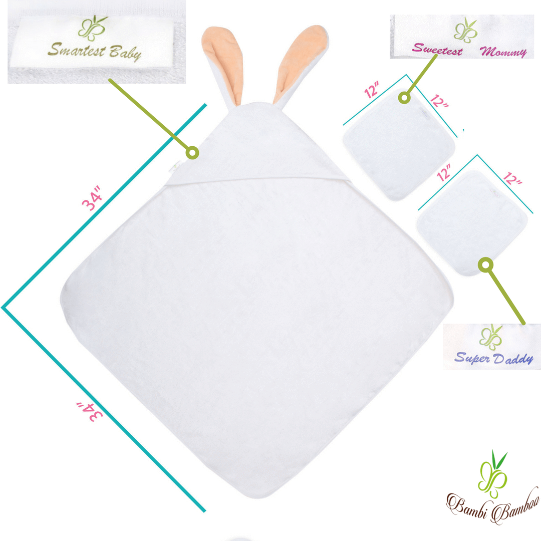 Amber Bunny Hooded Towel with bunny ears and two matching washcloths, made from soft organic bamboo fabric.