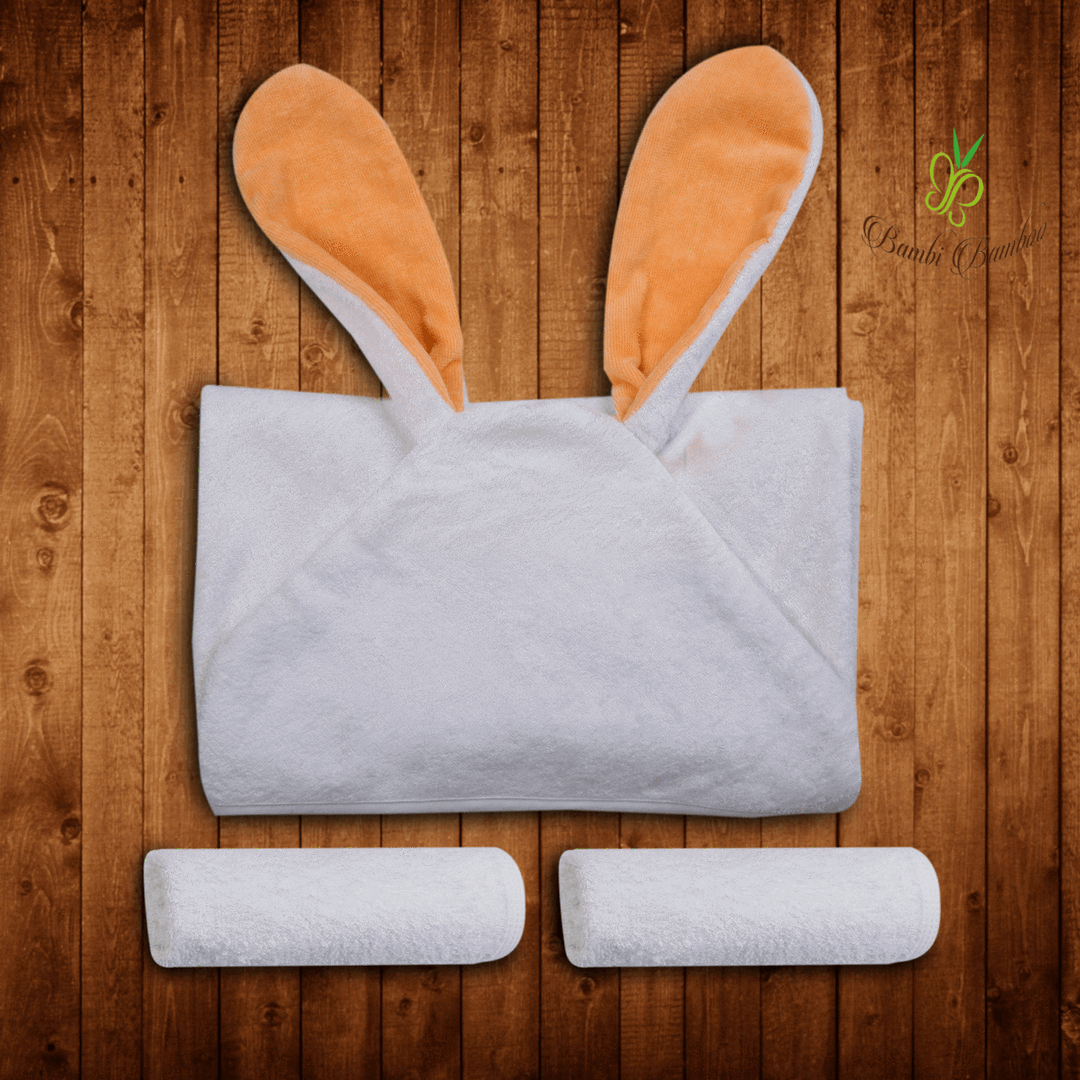 Amber Bunny Hooded Towel with bunny ears and two matching washcloths, made from soft organic bamboo fabric.