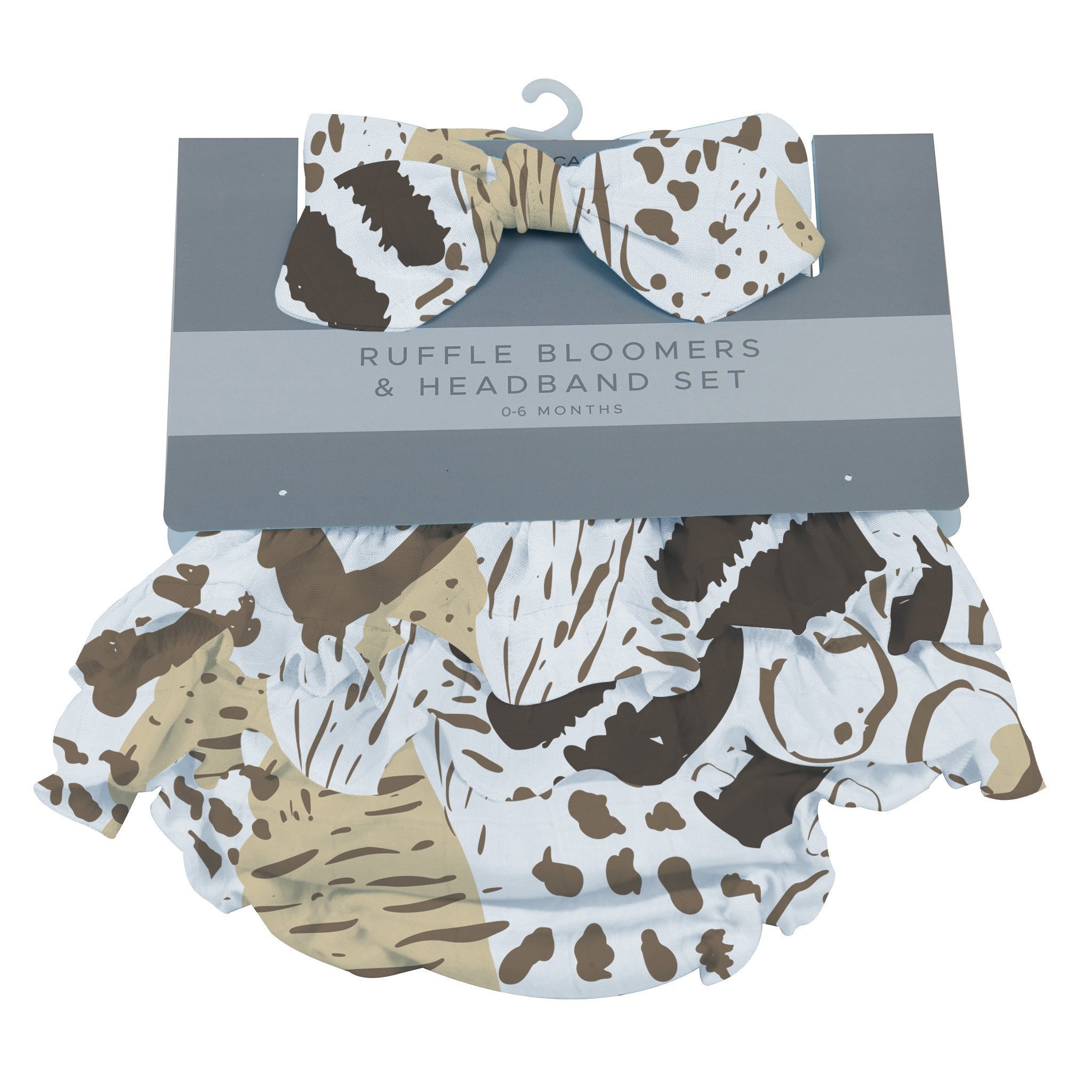 Animal Print Ruffle Bamboo Bloomer Headband Set featuring soft bamboo fabric, ruffle details, and an adorable animal print design for infants.