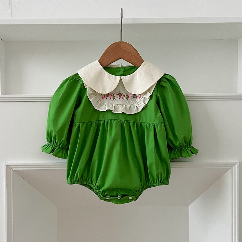 A stylish Arrival Autumn Baby Kids Girls dress featuring long sleeves and a Peter Pan collar in green and beige colors, adorned with an embroidered pattern.