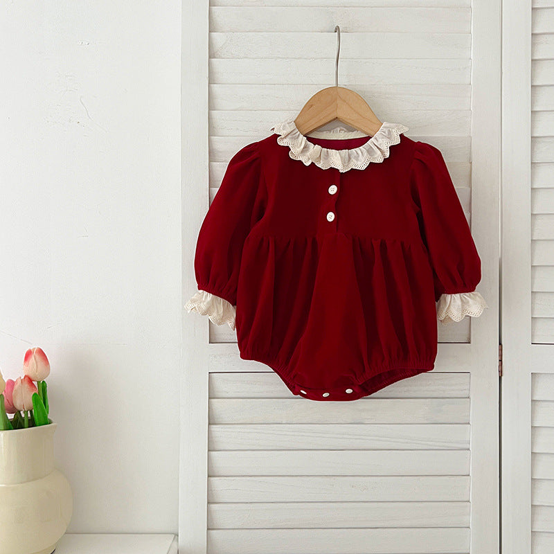 A stylish patchwork dress for baby girls featuring lace trim and long sleeves, available in red and pink colors.