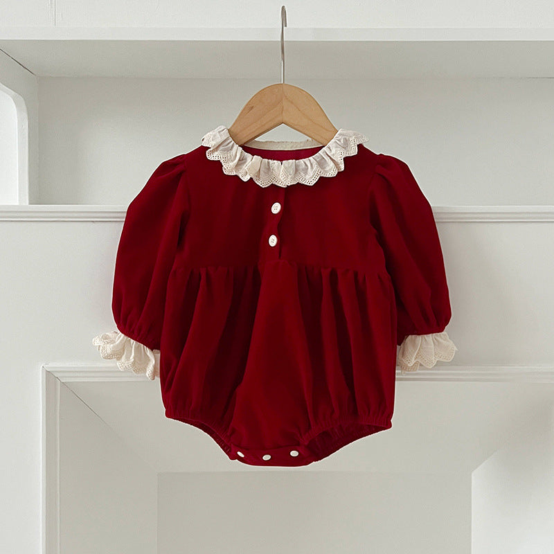 A stylish patchwork dress for baby girls featuring lace trim and long sleeves, available in red and pink colors.