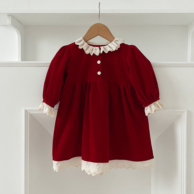 A stylish patchwork dress for baby girls featuring lace trim and long sleeves, available in red and pink colors.